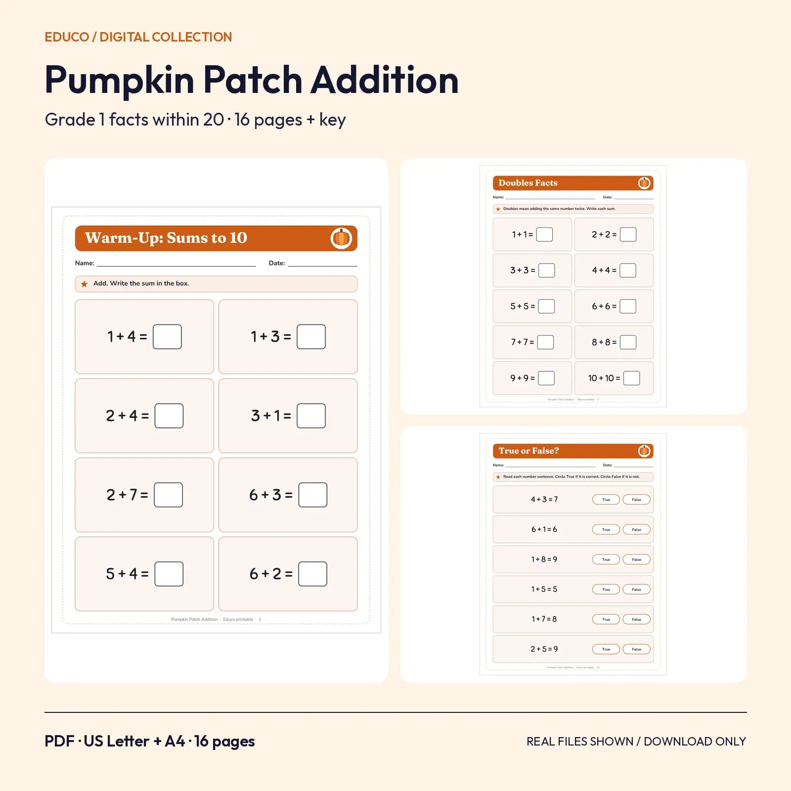 Pumpkin Patch Addition Facts Within 20 Worksheets for Grade 1 – 16 Printable Pages preview
