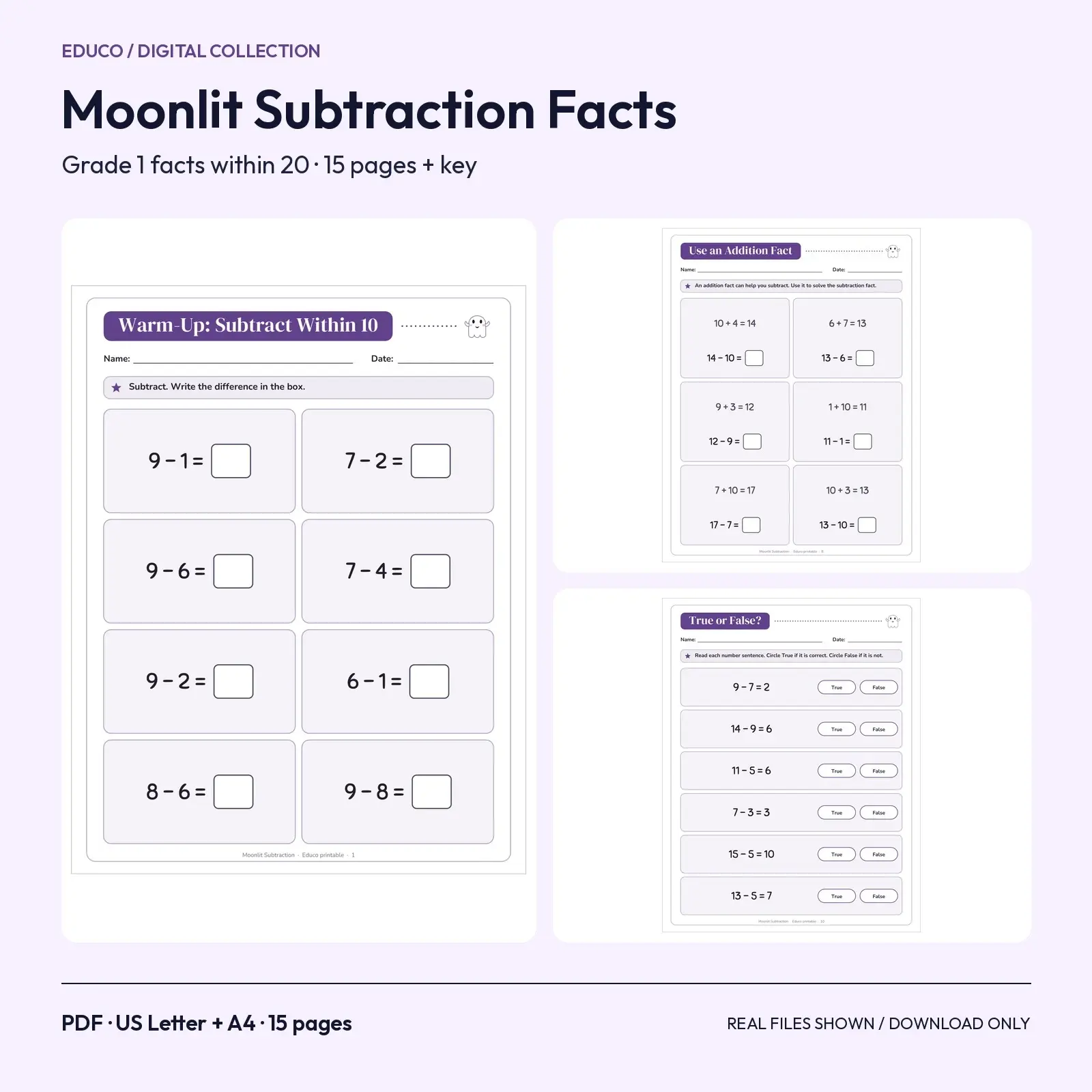 Moonlit Subtraction Facts Within 20 Worksheets for Grade 1 – 15 Printable Pages preview