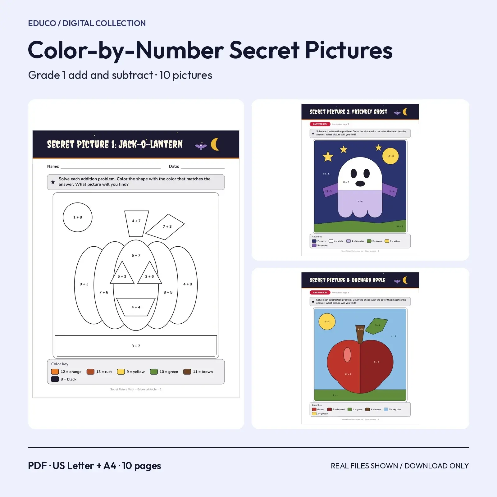 Halloween Color by Number Math Secret Pictures for Grade 1 – 10 Printable Pages with Answer Key preview