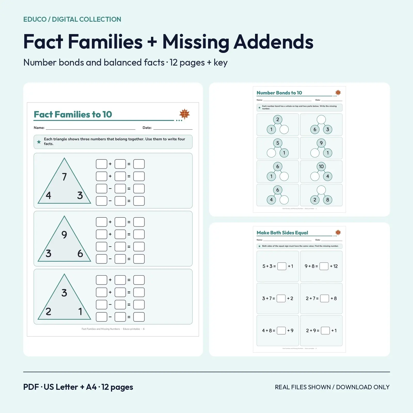 Fact Families and Missing Addends Worksheets for Grade 1 – 12 Printable Pages preview