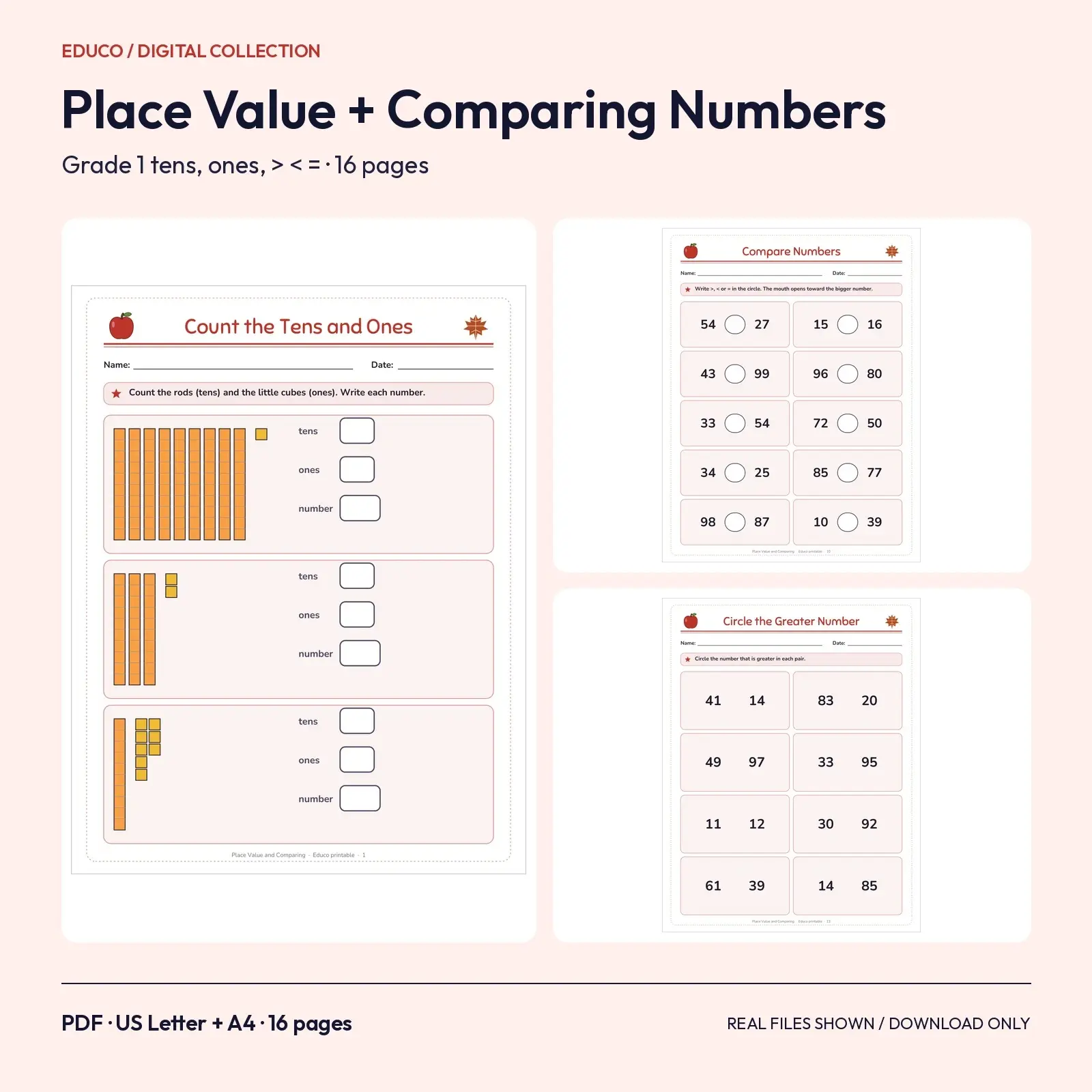 Place Value Tens and Ones and Comparing Numbers Worksheets – 16 Printable Fall Pages preview