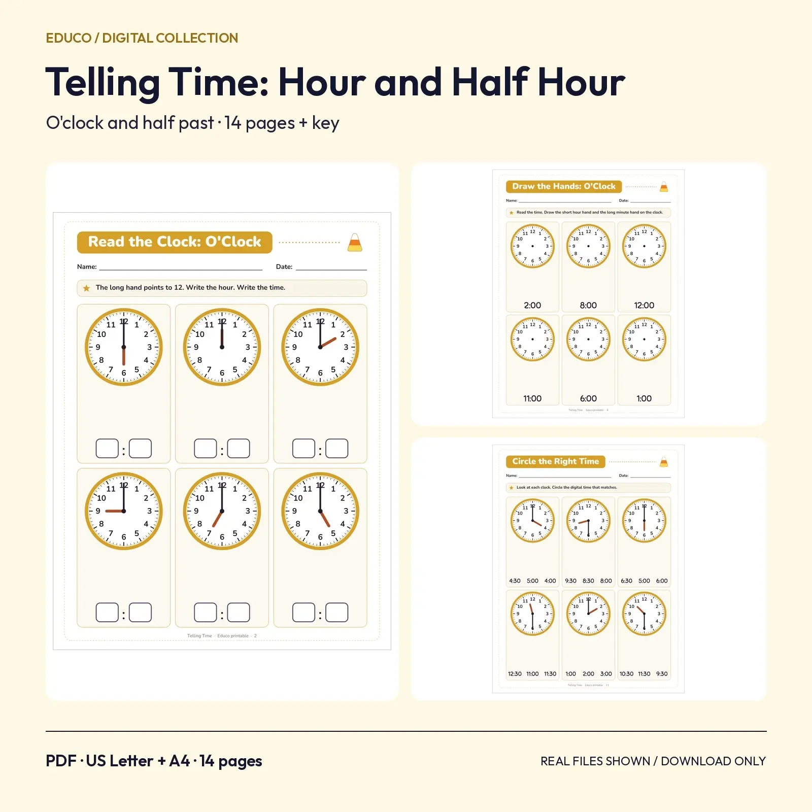 Telling Time to the Hour and Half Hour Worksheets for Grade 1 – 14 Printable Pages preview
