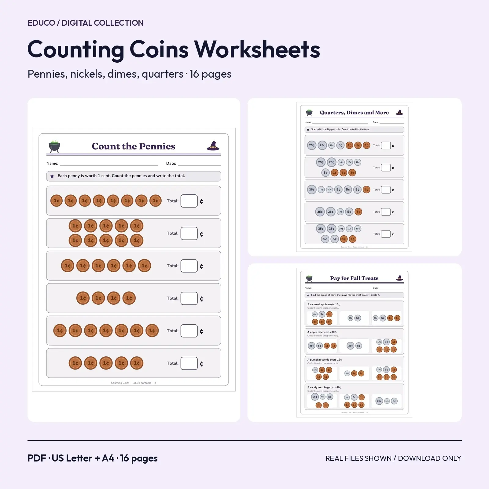 Counting US Coins Worksheets for Grade 1 and 2 – 16 Printable Pages with Answer Key preview