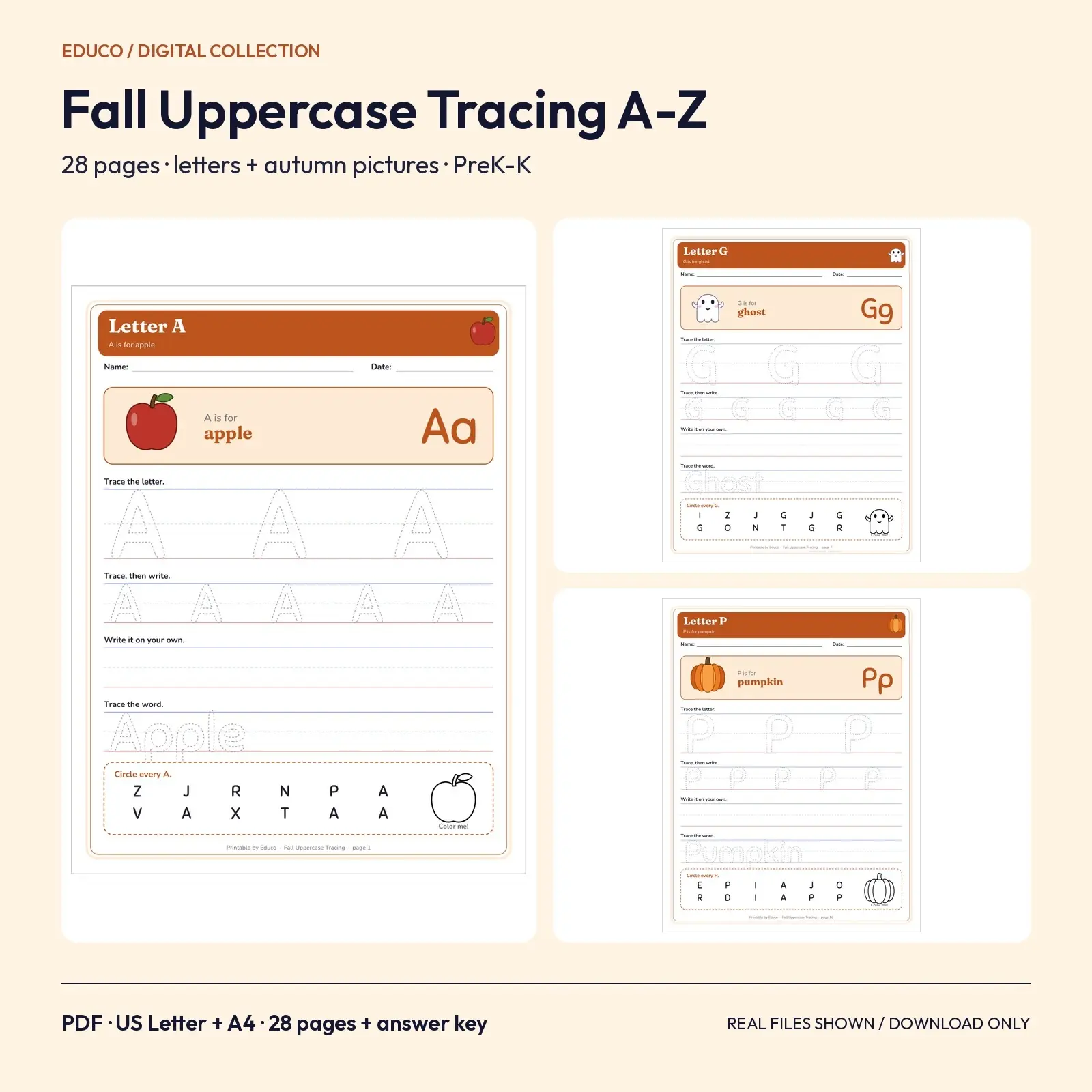 Fall Alphabet Tracing Worksheets - Uppercase A to Z with Autumn Pictures, 28 Pages for PreK and Kindergarten preview