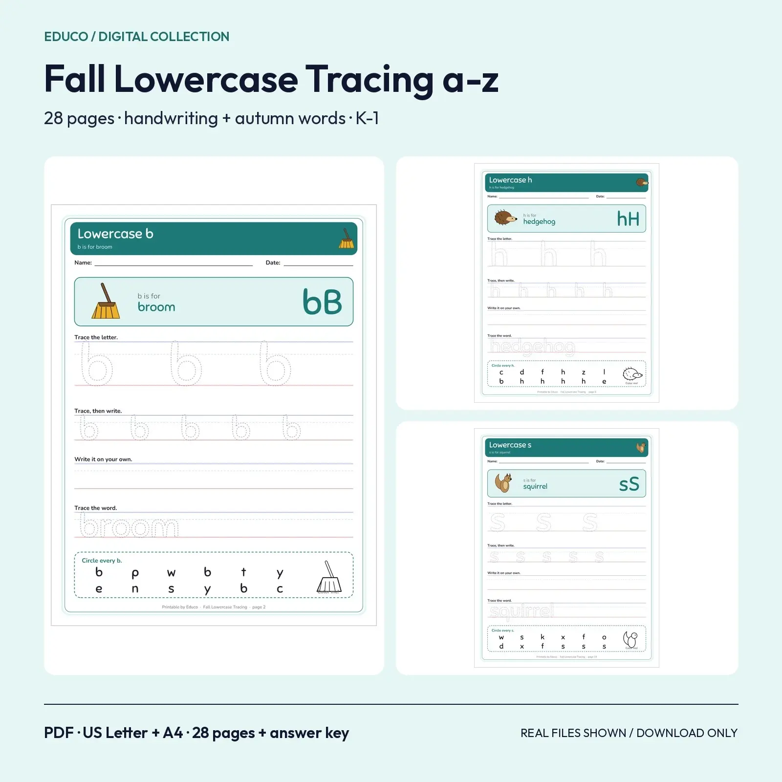 Fall Lowercase Letter Tracing - a to z Handwriting Pages with Autumn Picture Words, 28 Pages for K-1 preview