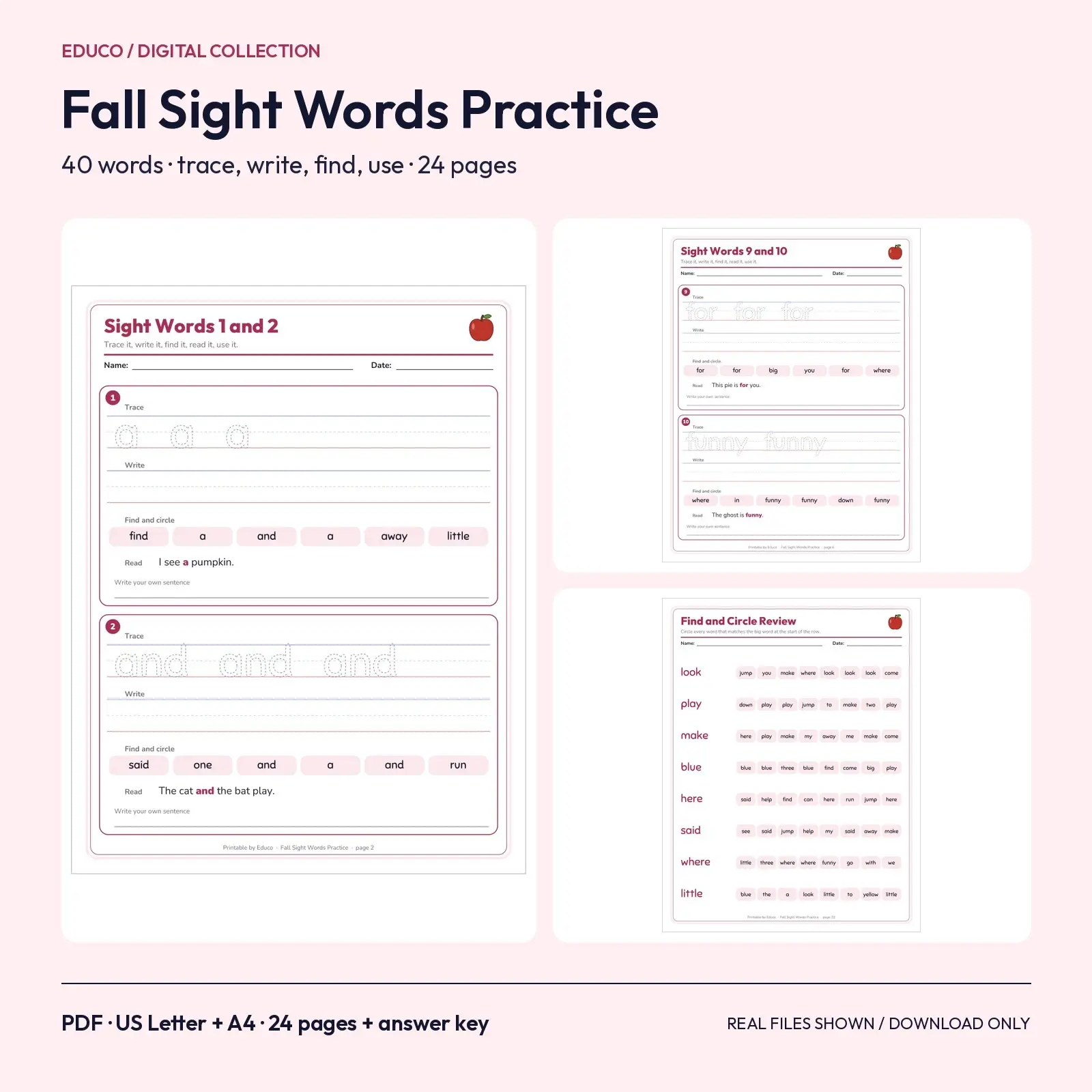 Fall Sight Words Practice - 40 Pre-Primer and Primer High-Frequency Words, Trace Write Find and Use, 24 Pages preview