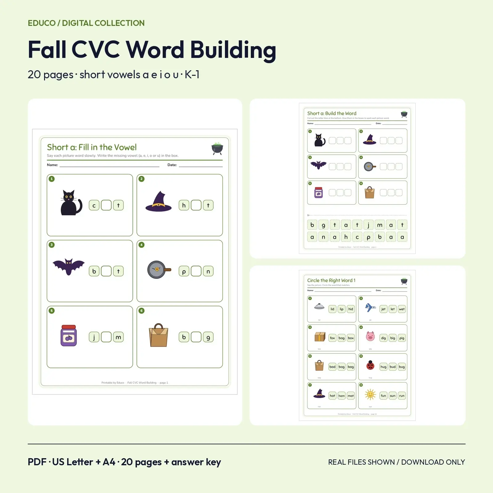 Fall CVC Word Building Worksheets - 20 Pages of Short Vowel Fill-In, Cut-and-Paste and Matching with Pictures, K-1 preview