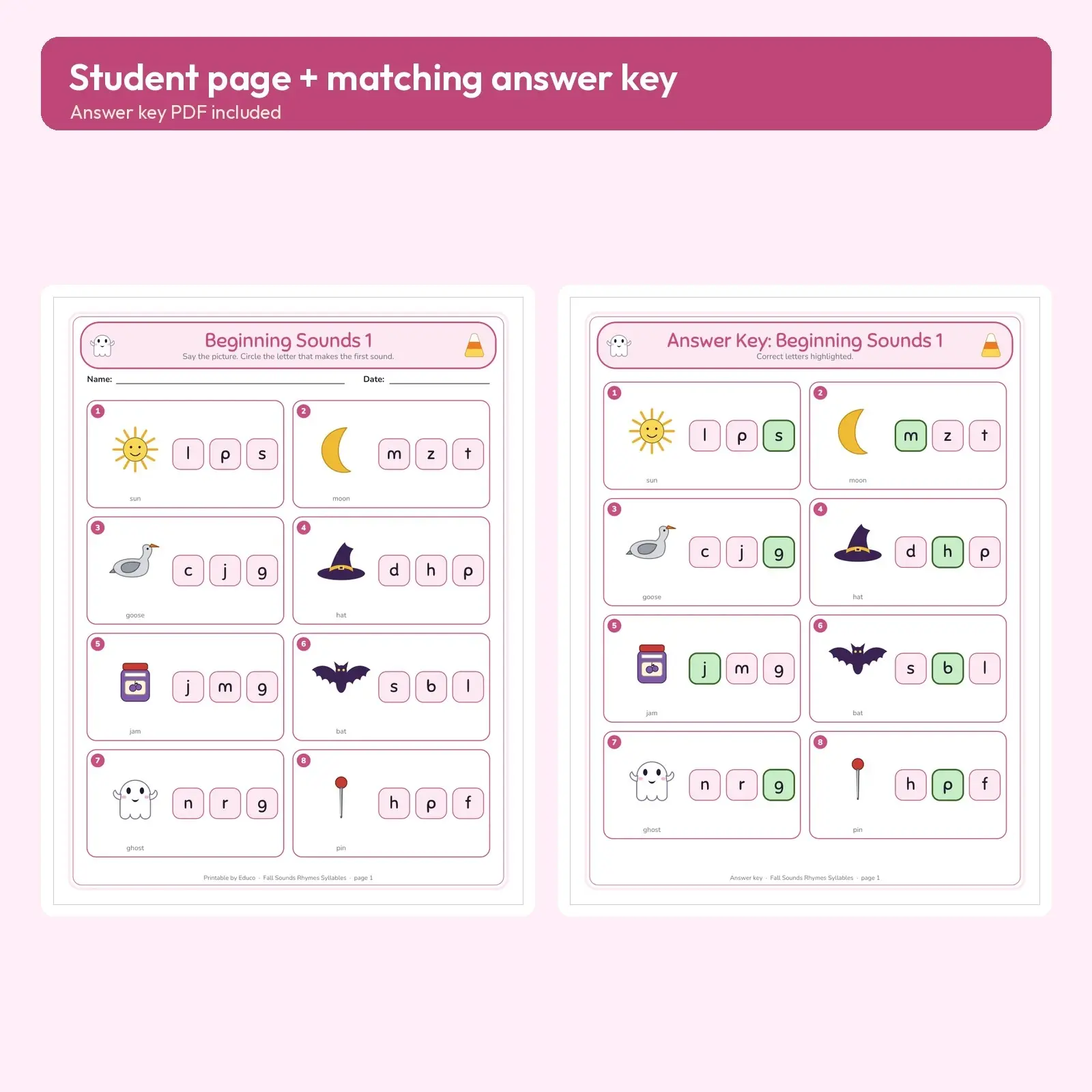 Fall Phonemic Awareness Worksheets - Beginning and Ending Sounds, Rhymes and Syllables, 18 Pages with Pictures, PreK-1, preview 3 of 3