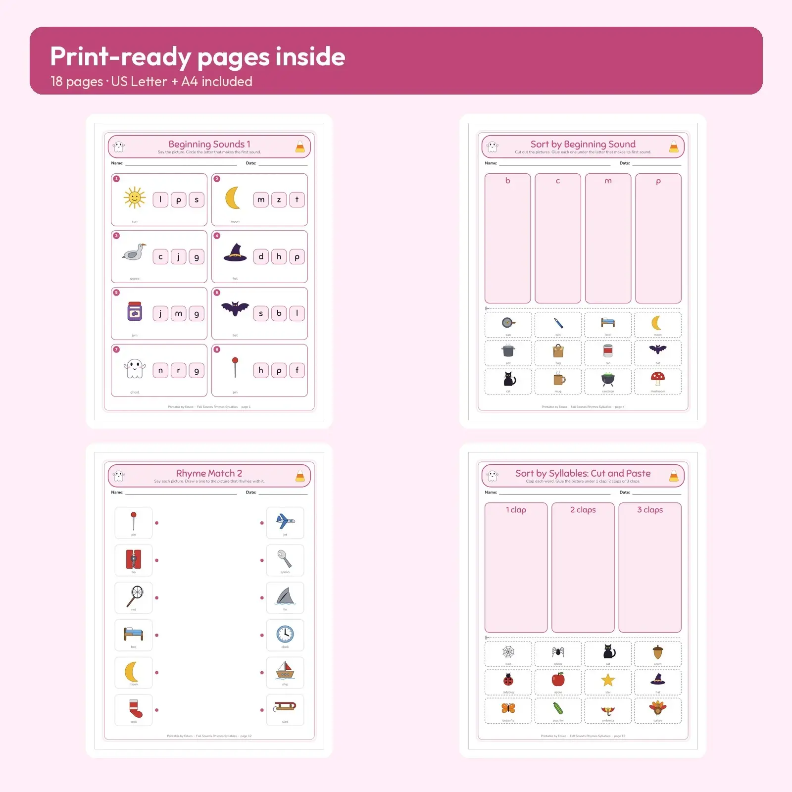 Fall Phonemic Awareness Worksheets - Beginning and Ending Sounds, Rhymes and Syllables, 18 Pages with Pictures, PreK-1, preview 2 of 3