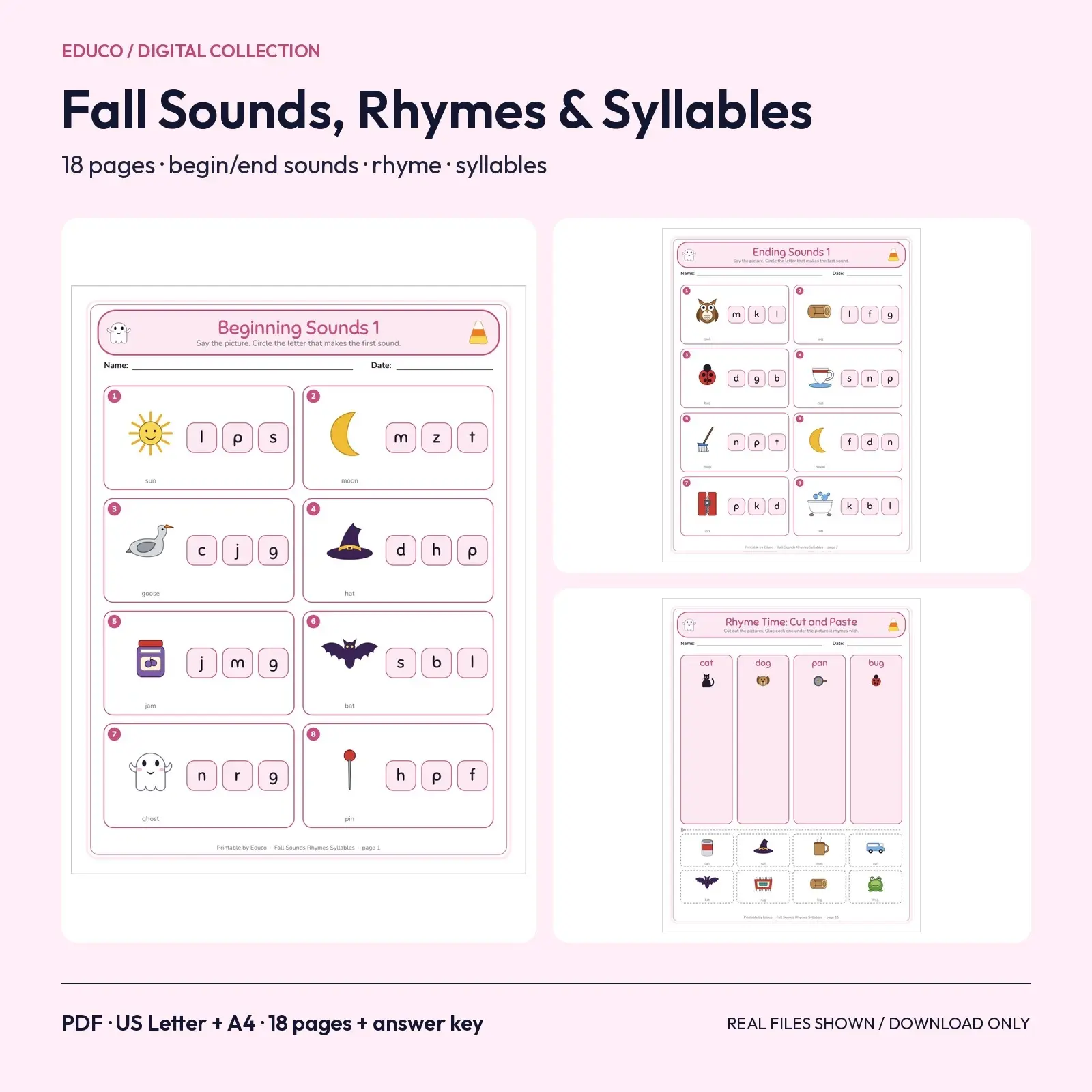 Fall Phonemic Awareness Worksheets - Beginning and Ending Sounds, Rhymes and Syllables, 18 Pages with Pictures, PreK-1 preview
