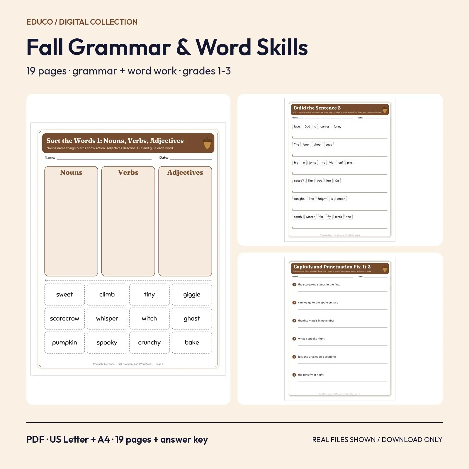 Fall Grammar and Word Skills Worksheets - 19 Pages of Parts of Speech, Capitals, Contractions and More, Grades 1-3 preview
