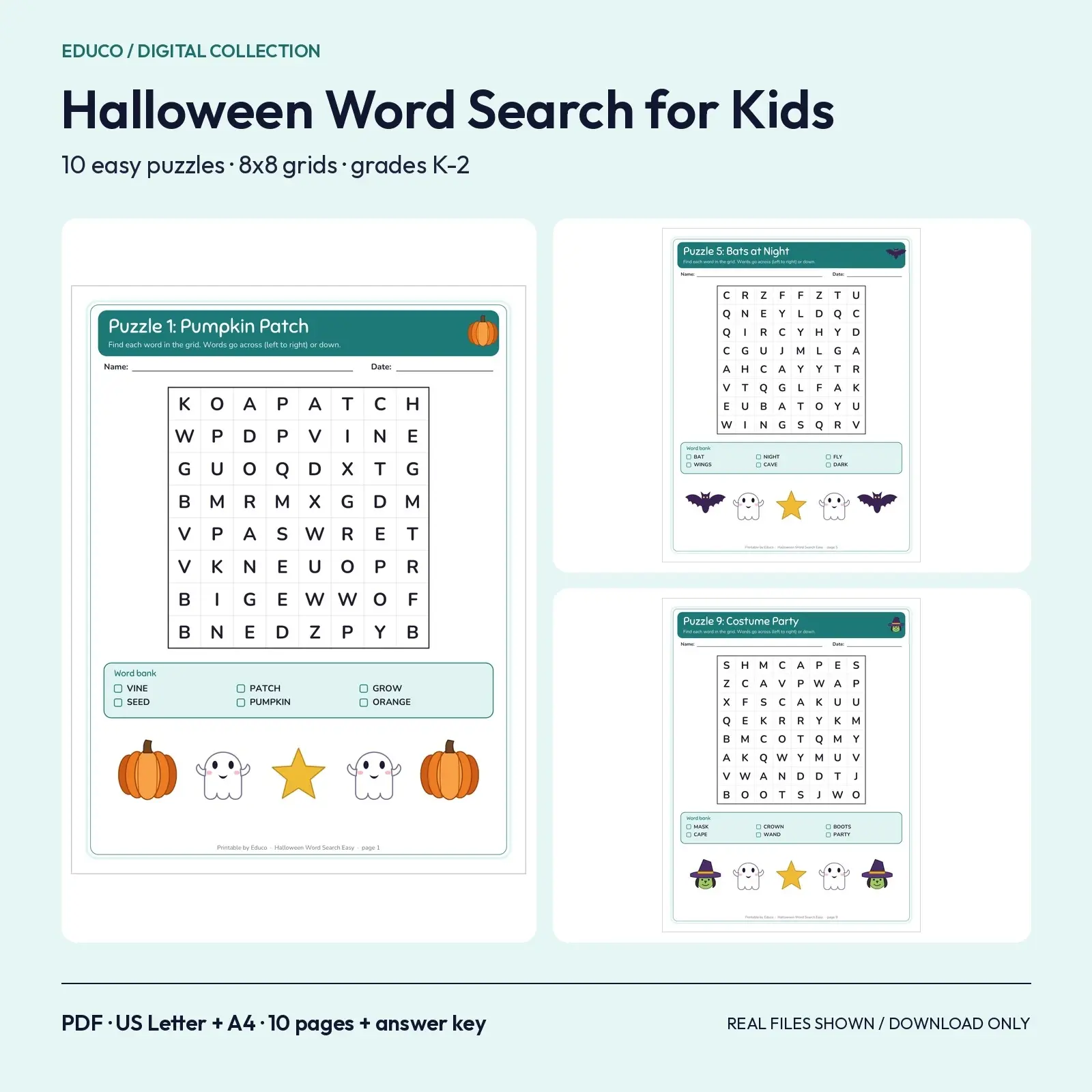 Halloween Word Search for Kids - 10 Easy Puzzles with 8x8 Grids for Grades K-2 preview