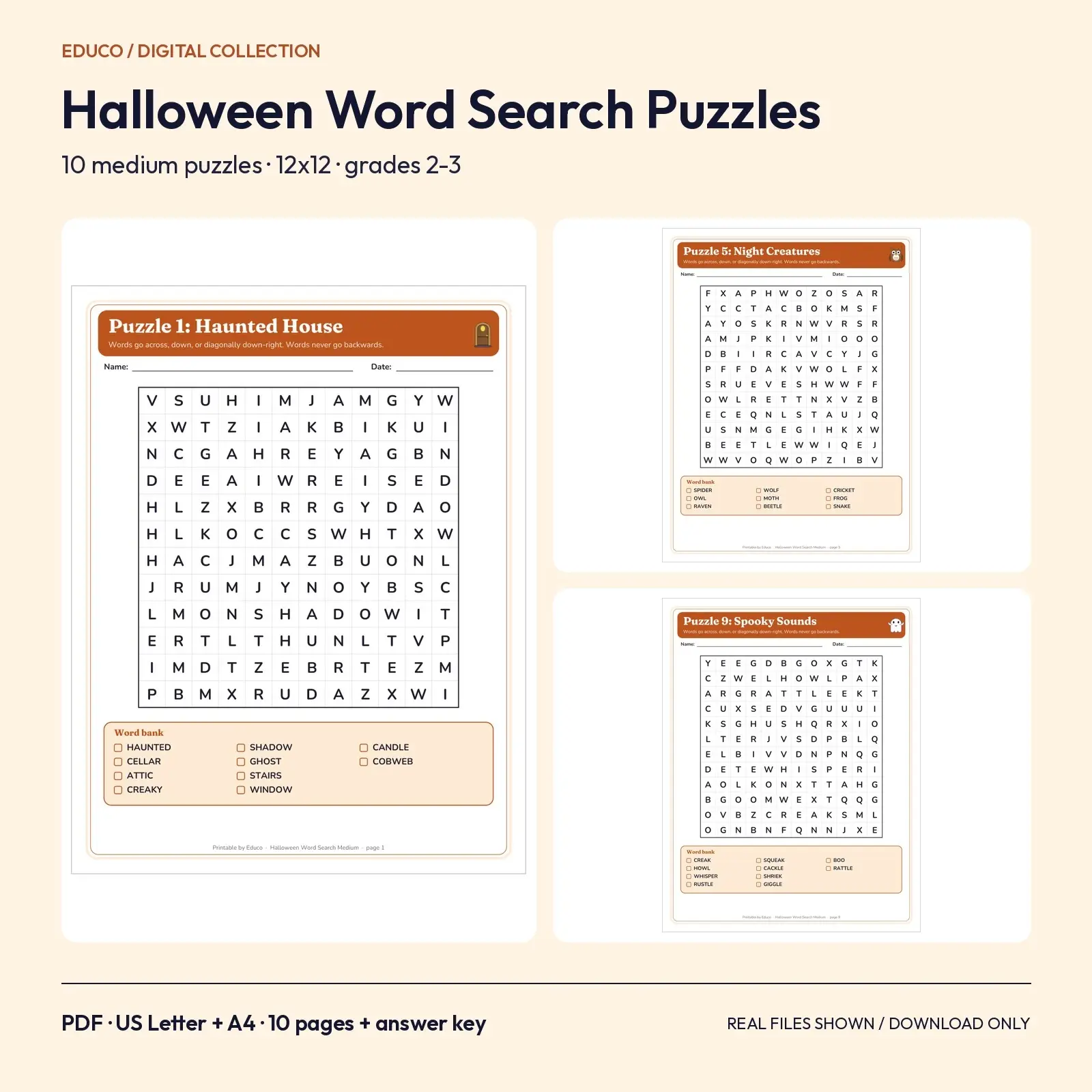 Halloween Word Search Puzzles - 10 Medium 12x12 Grids with Answer Keys for Grades 2-3 preview