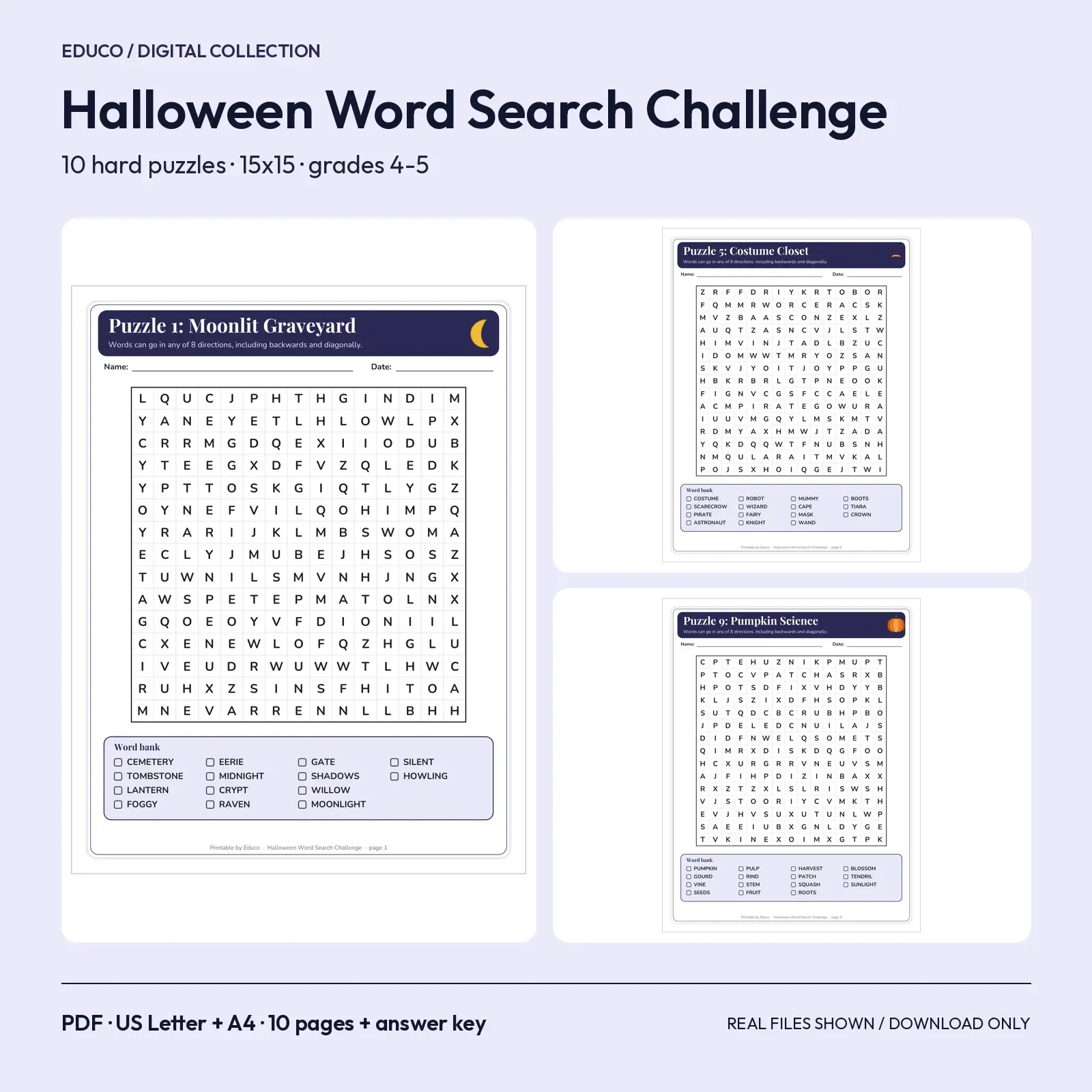 Halloween Word Search Challenge - 10 Hard 15x15 Puzzles with Backwards and Diagonal Words, Grades 4-5 preview