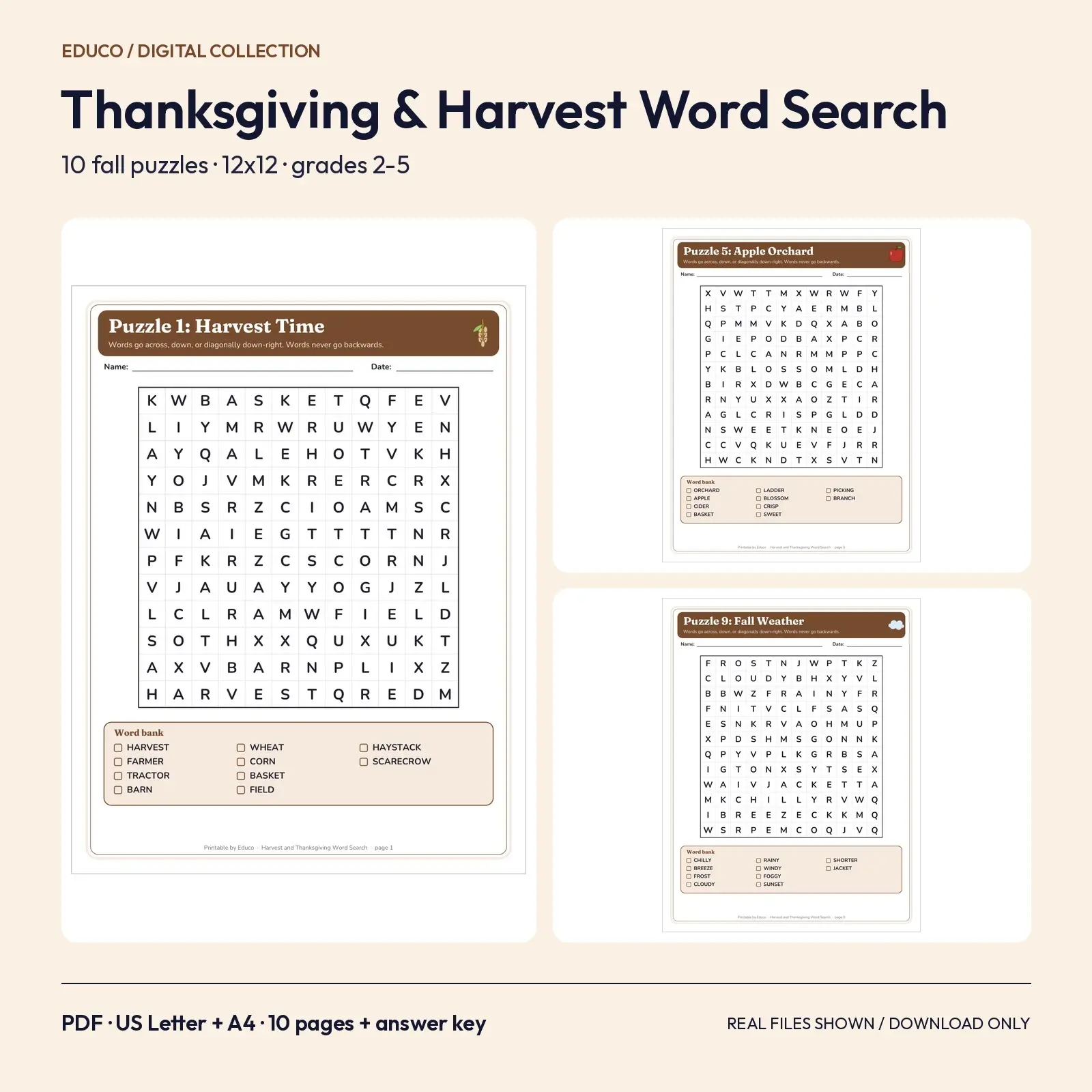 Thanksgiving and Harvest Word Search Pack - 10 Fall Puzzles with Answer Keys, Grades 2-5 preview