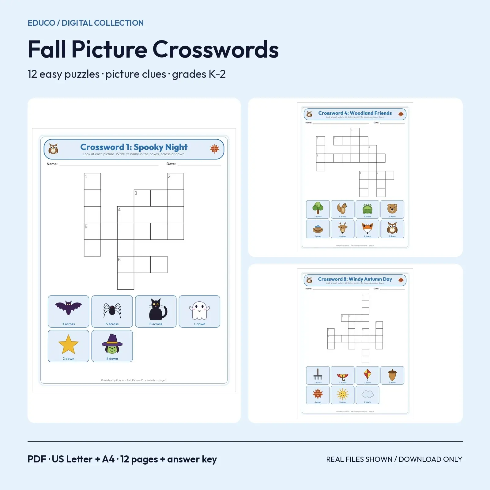 Fall Picture Crossword Puzzles for Kids - 12 Easy Crosswords with Picture Clues, Grades K-2 preview