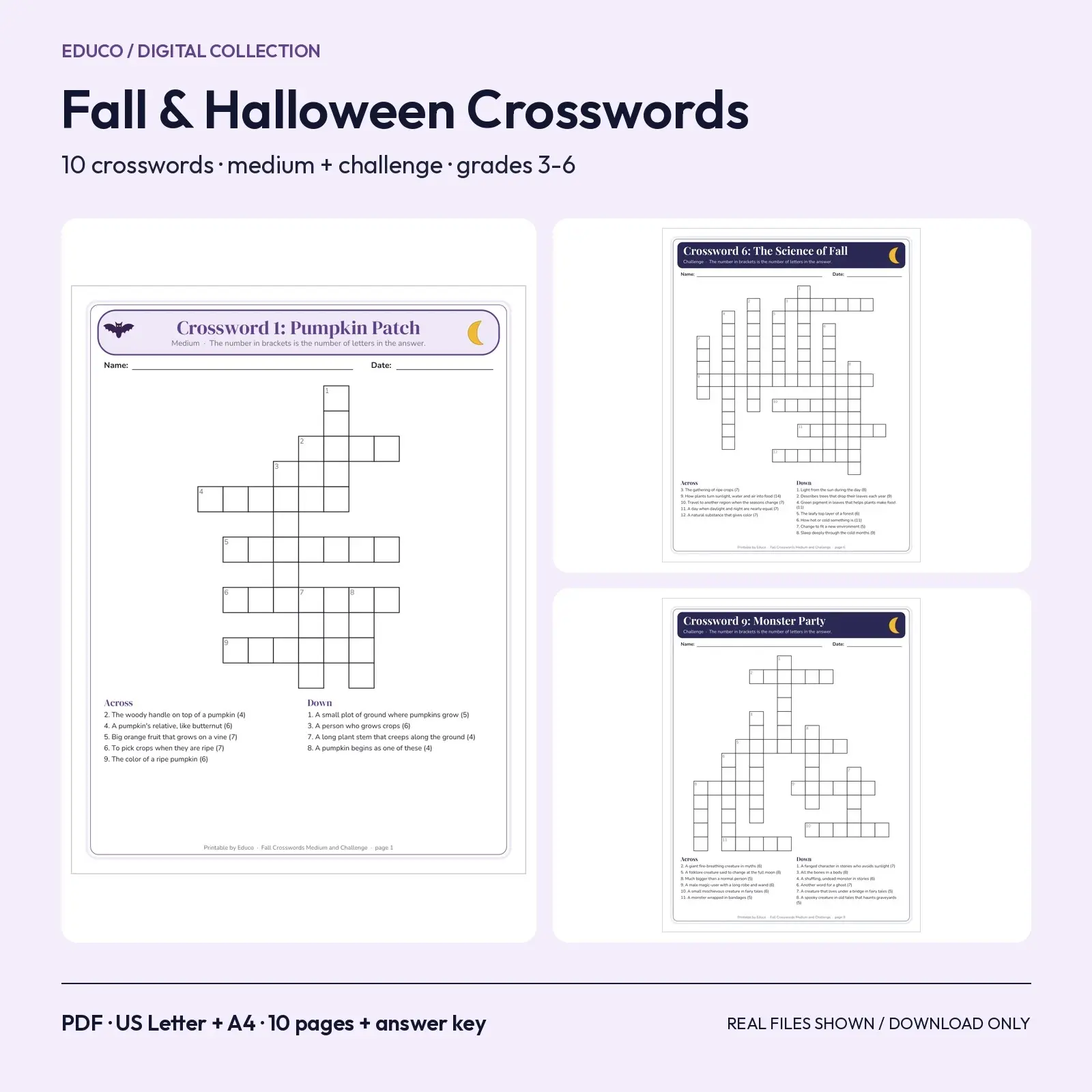 Fall and Halloween Crossword Puzzles - 10 Medium and Challenge Crosswords with Answer Keys, Grades 3-6 preview