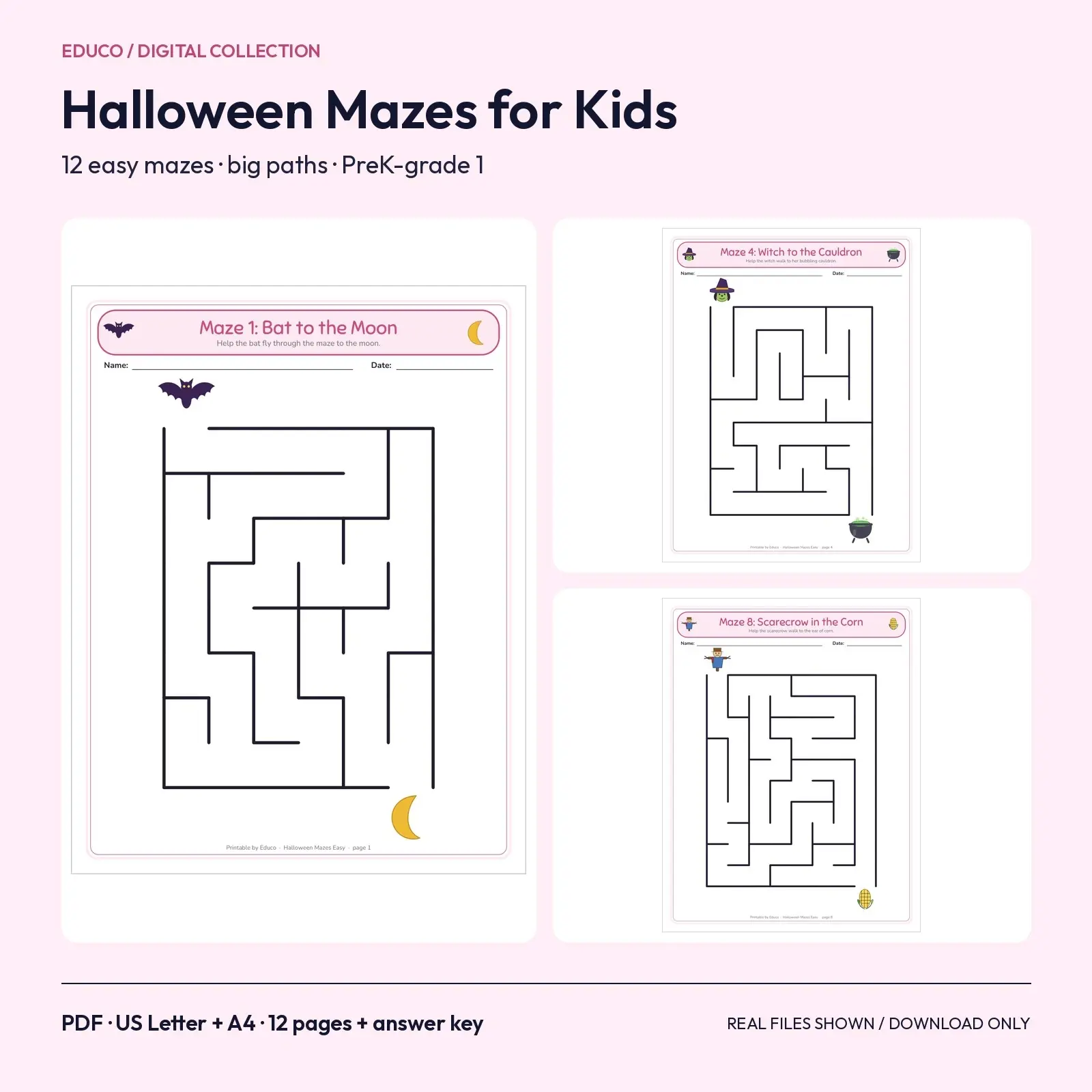Halloween Mazes for Kids - 12 Easy Big-Path Mazes with Solutions for PreK to Grade 1 preview