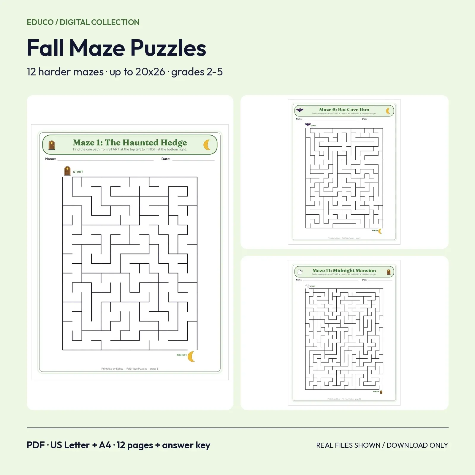Fall Maze Puzzles - 12 Hard Mazes with Solutions for Grades 2 to 5, Haunted Hedge to Harvest Moon preview