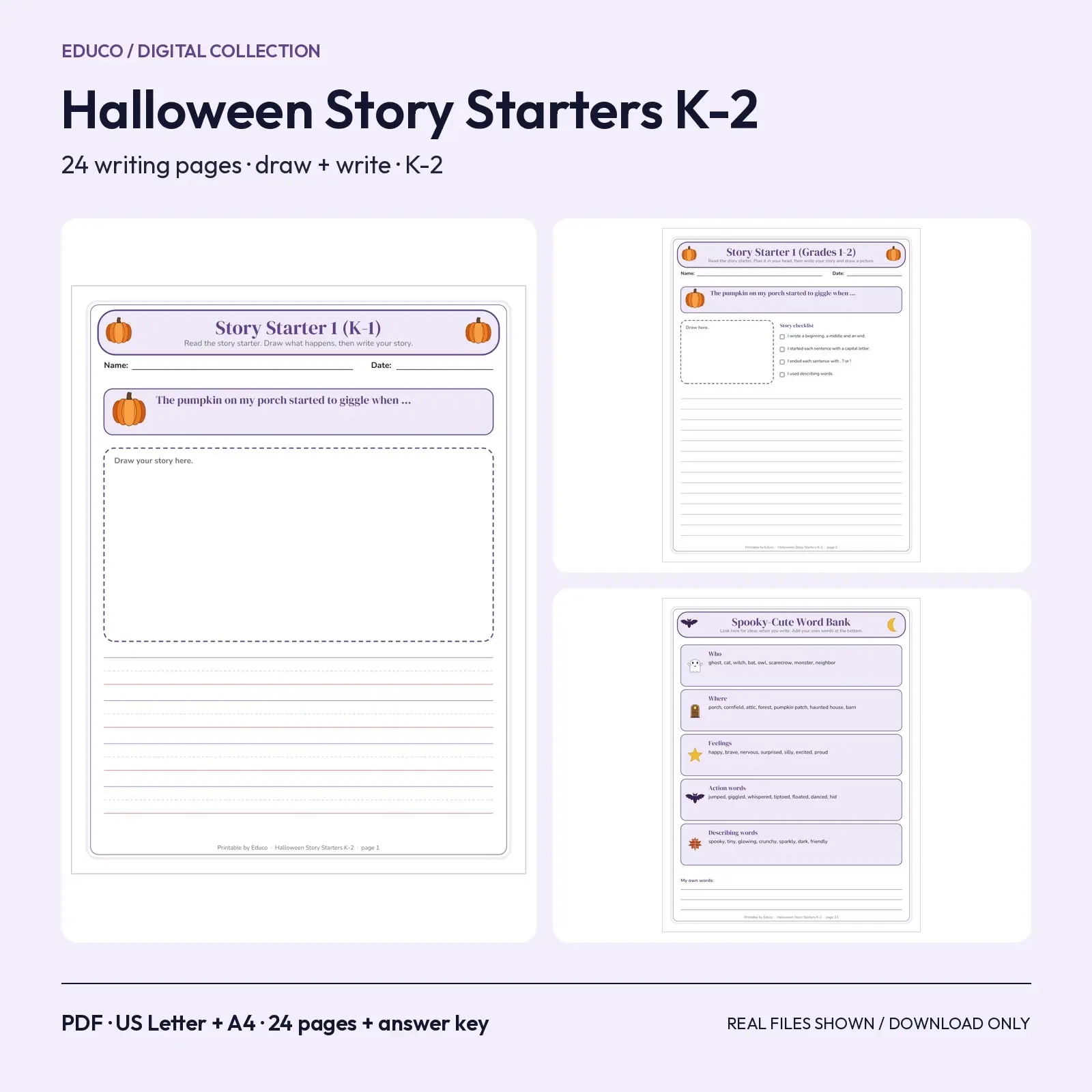Halloween Story Starters for Kindergarten to Grade 2 - 24 Writing Prompt Pages with Picture Boxes and Primary Lines preview