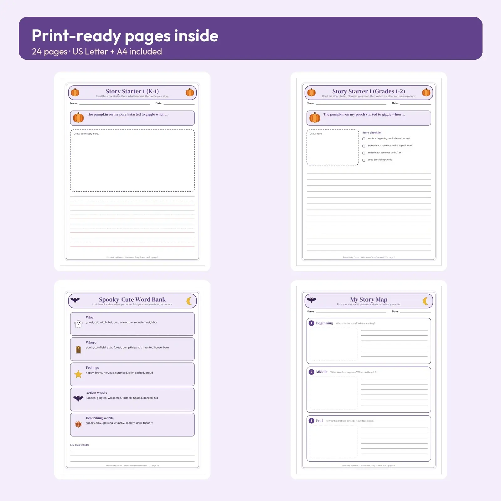 Halloween Story Starters for Kindergarten to Grade 2 - 24 Writing Prompt Pages with Picture Boxes and Primary Lines, preview 2 of 3