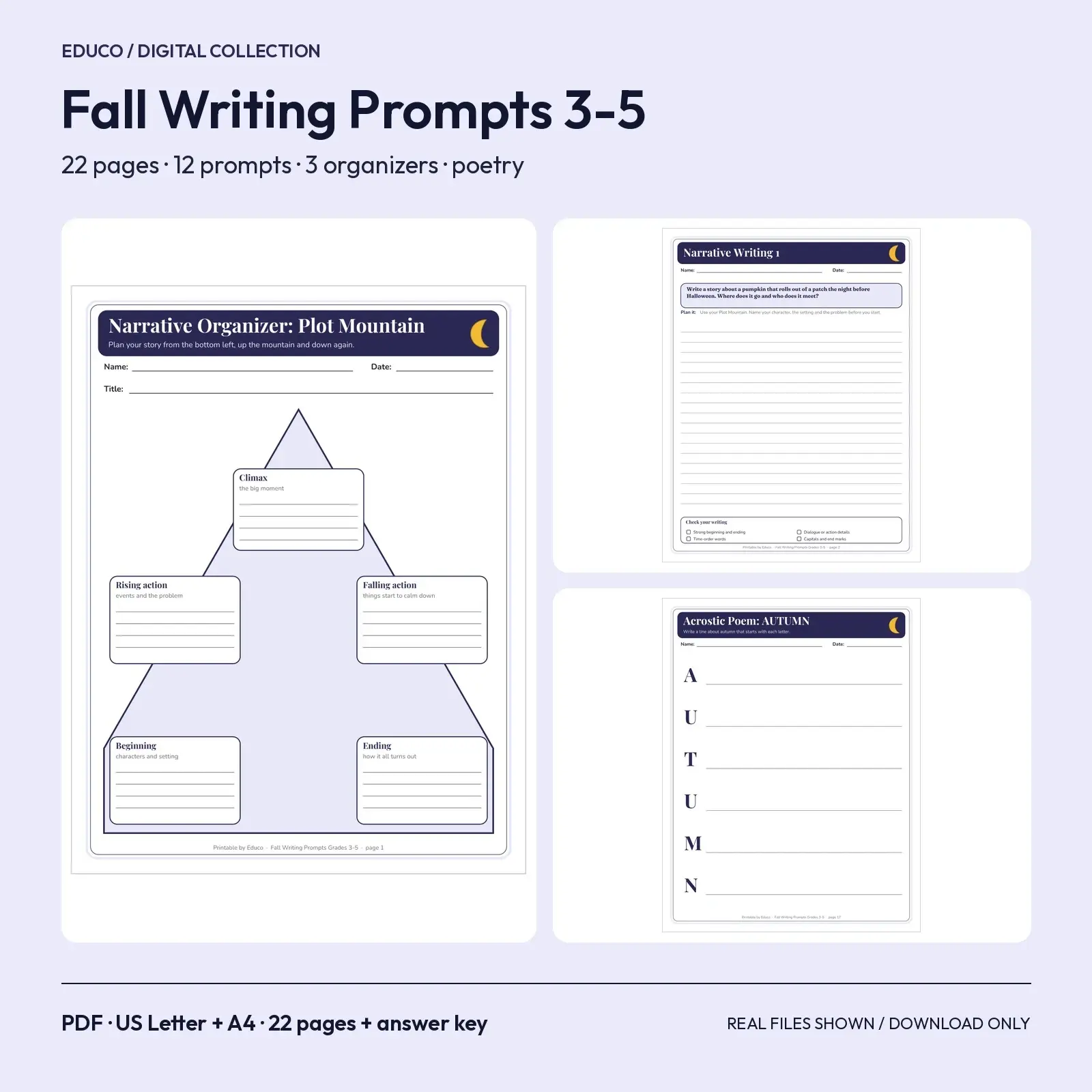 Fall Writing Prompts for Grades 3-5 - Narrative, Opinion, Informative and Poetry, 22 Pages with Graphic Organizers preview