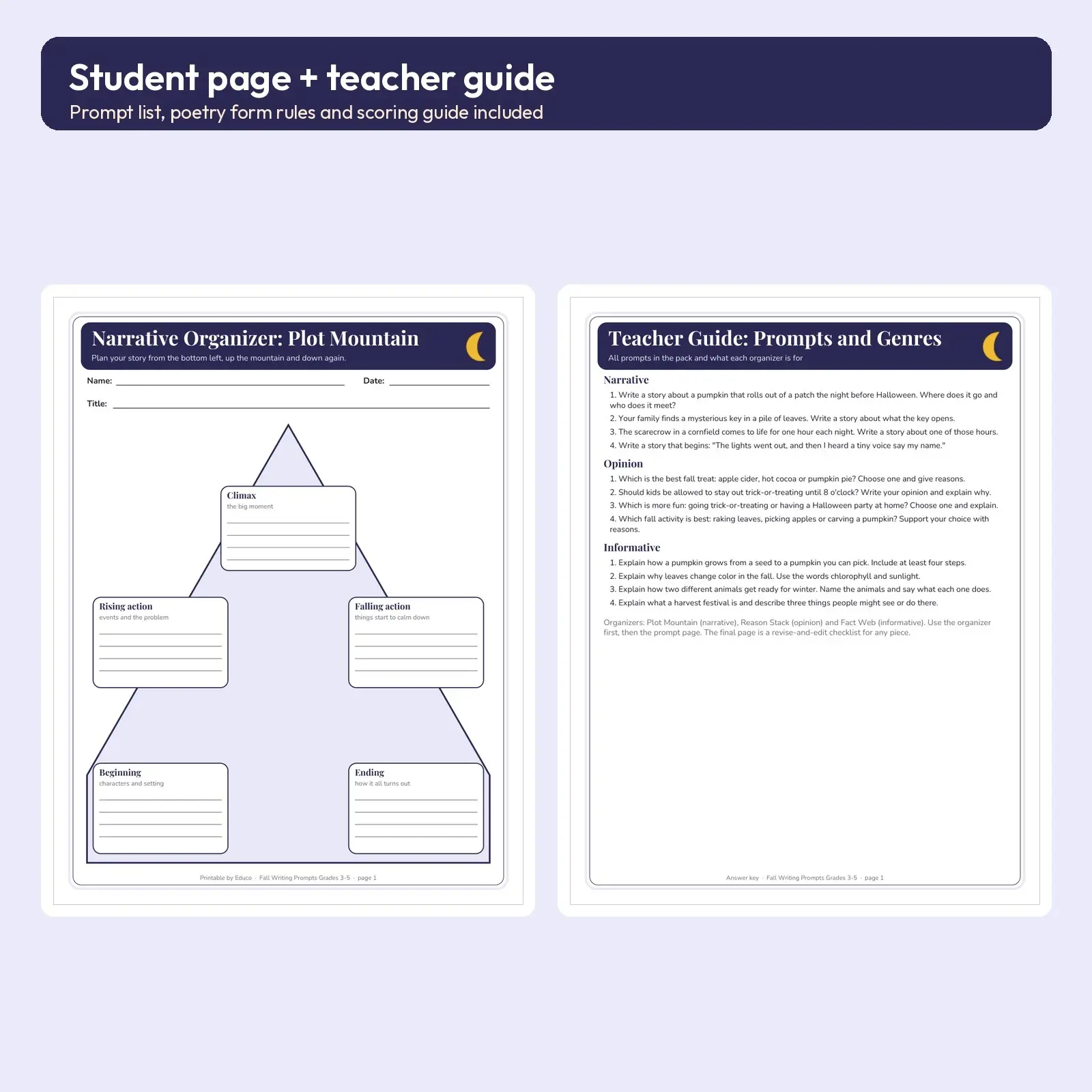 Fall Writing Prompts for Grades 3-5 - Narrative, Opinion, Informative and Poetry, 22 Pages with Graphic Organizers, preview 3 of 3