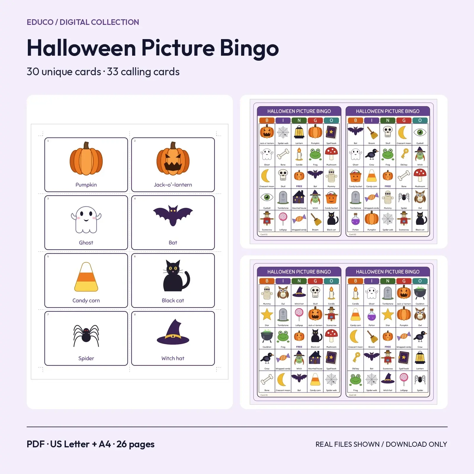 Halloween Picture Bingo Printable - 30 Unique Cards for Kids preview