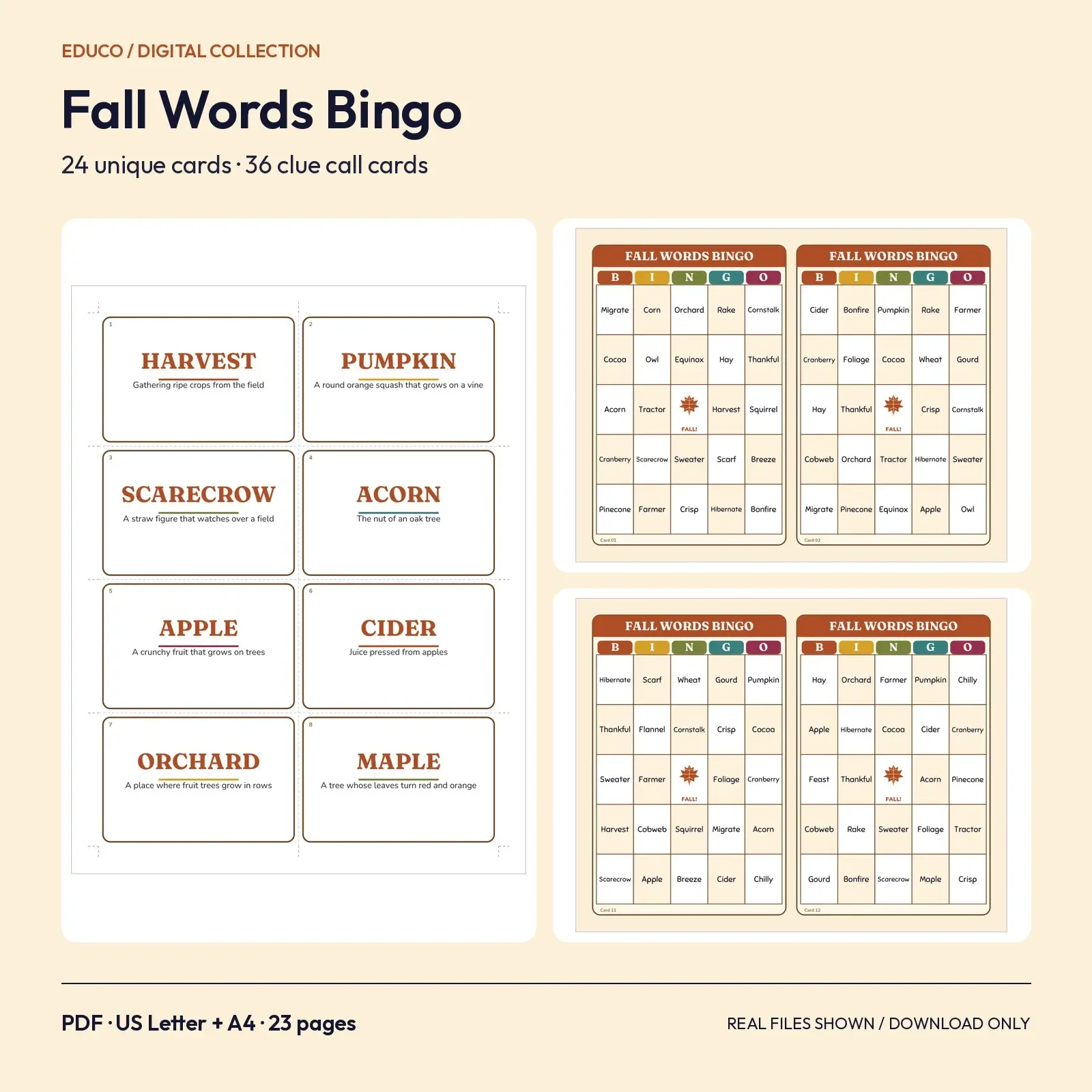 Fall Words Bingo - 24 Unique Vocabulary Cards with Clue Call Cards preview