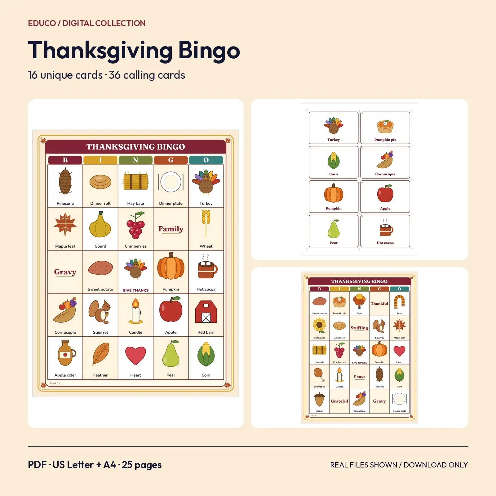 Thanksgiving Bingo Printable - 16 Unique Cards for the Whole Family, preview 1 of 3