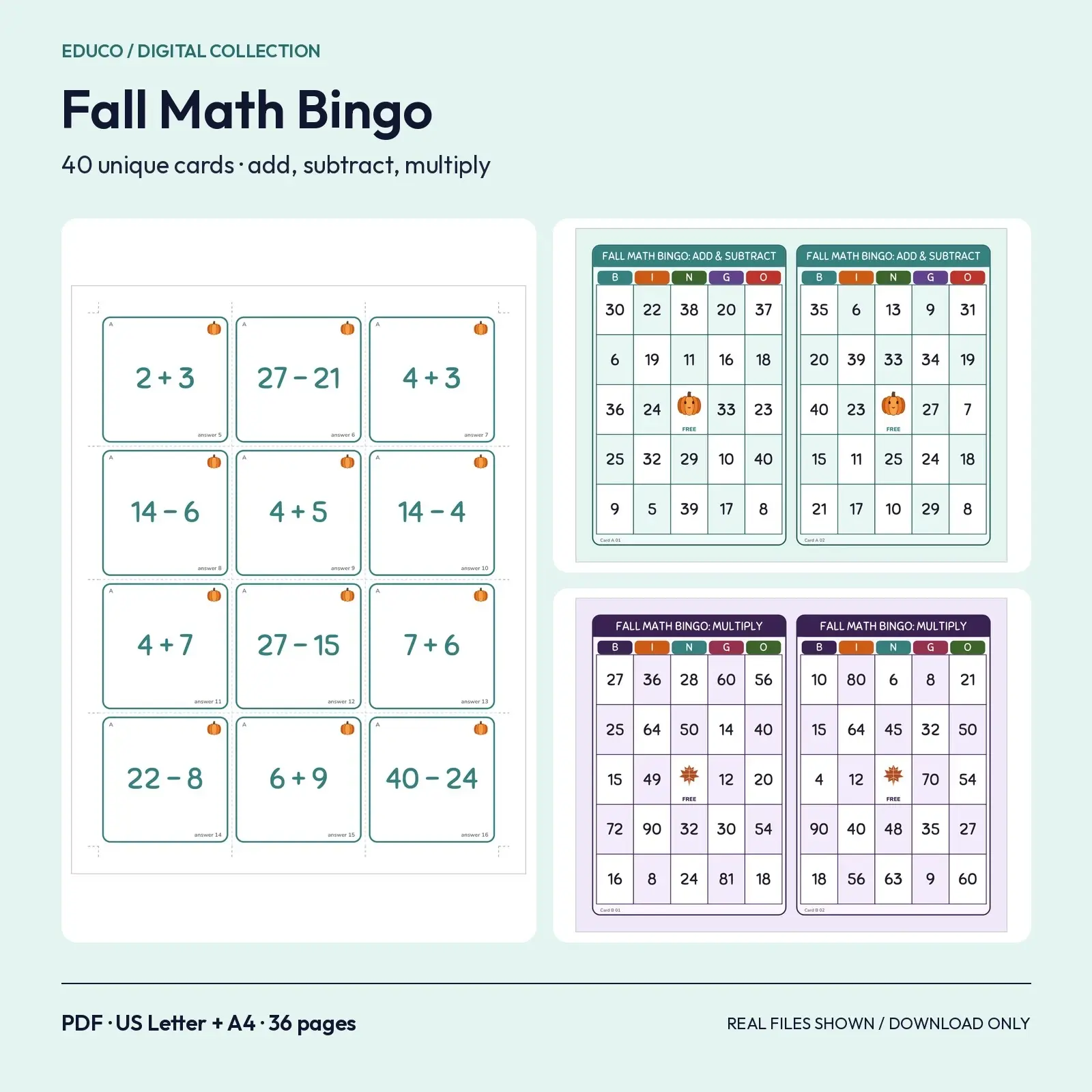 Fall Math Bingo - 40 Unique Cards: Add, Subtract & Multiply with Answer Key preview