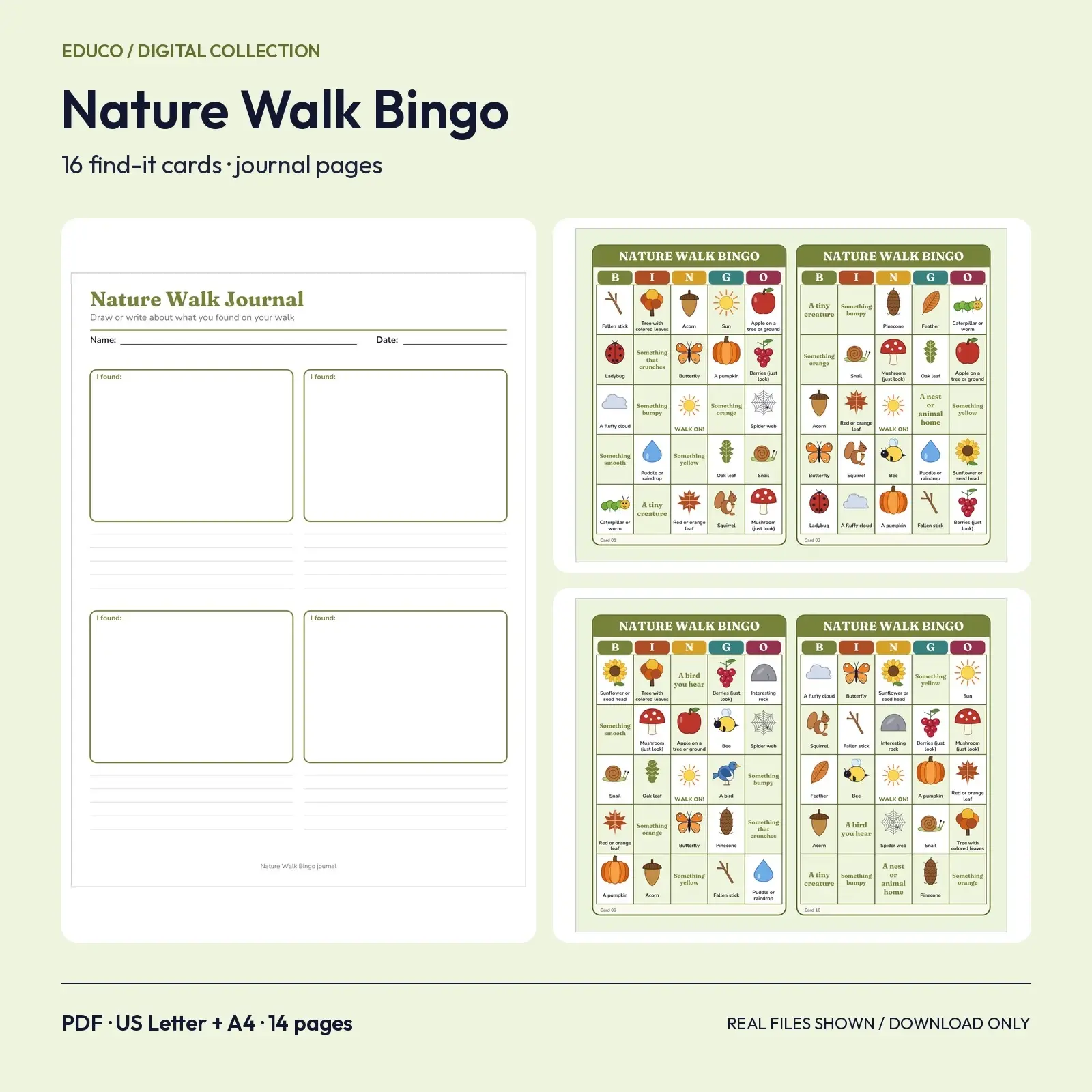 Nature Walk Bingo Printable - 16 Fall Find-It Cards with Journal Pages preview