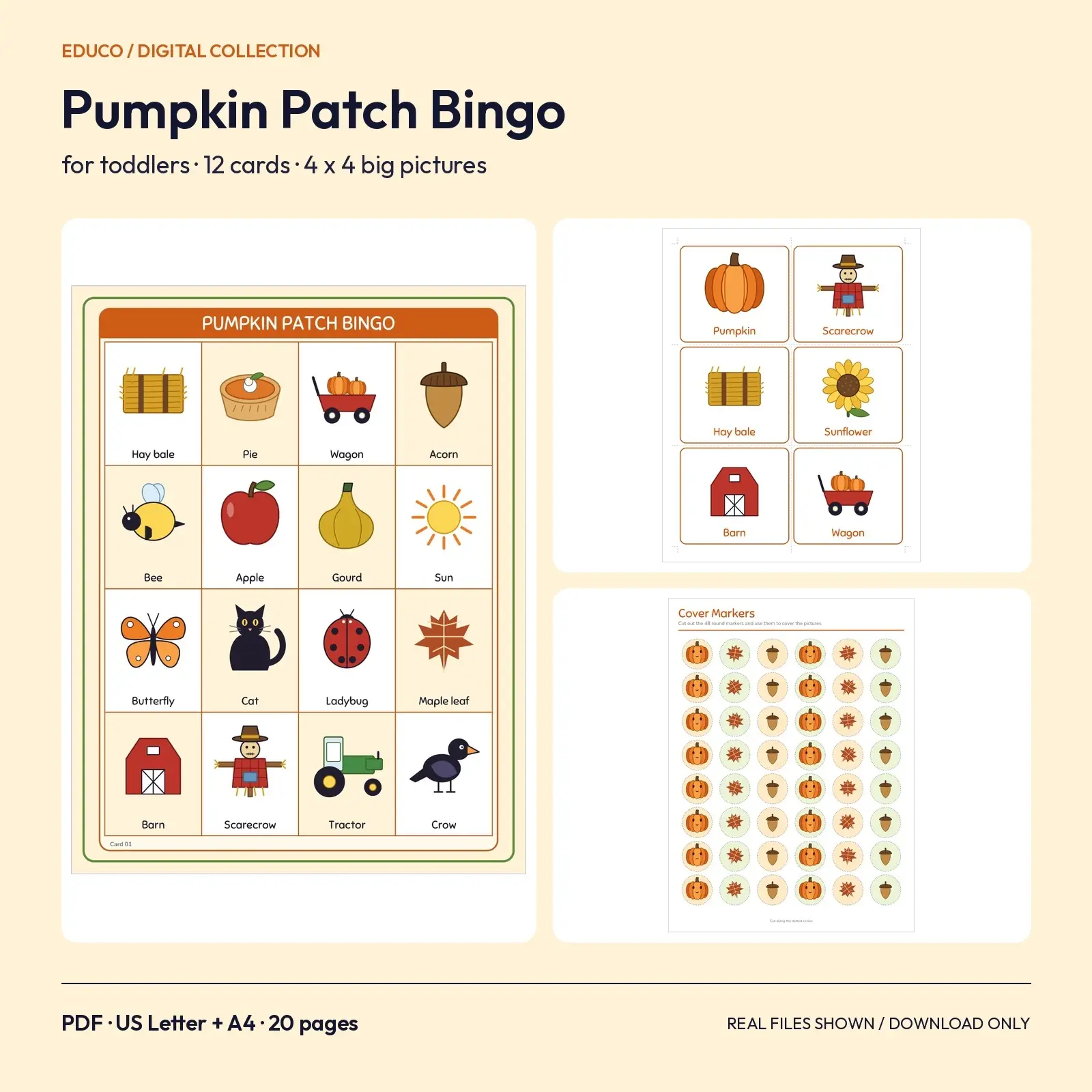 Pumpkin Patch Bingo for Toddlers - 12 Big Picture Cards, 4x4 preview