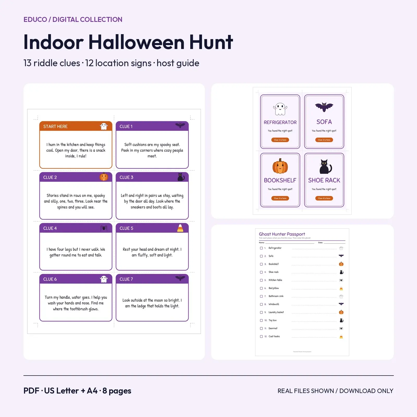 Indoor Halloween Scavenger Hunt - 12 Riddle Clue Cards, Signs & Host Guide preview