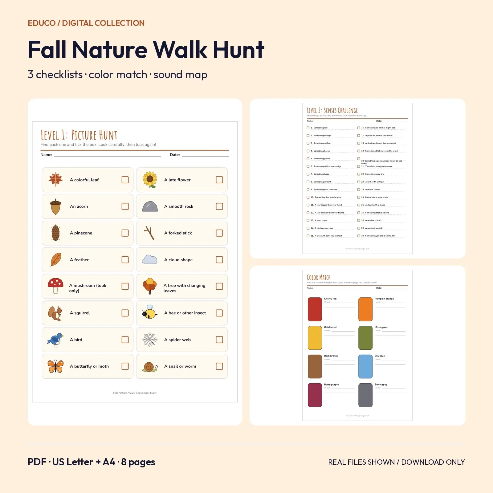 Fall Nature Walk Scavenger Hunt Printable - 8 Pages with Color Match & Sound Map preview