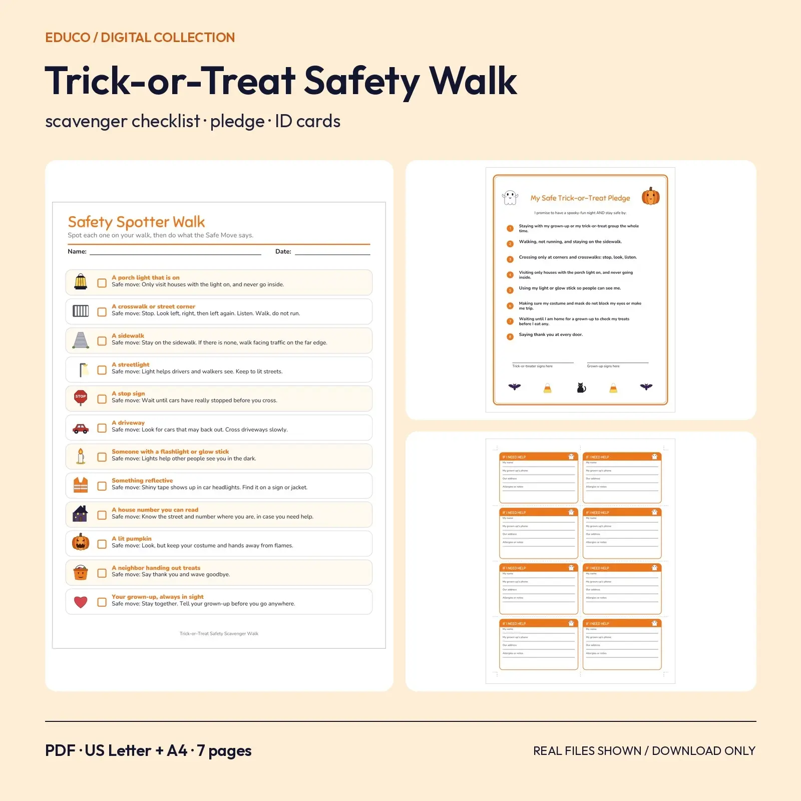 Trick-or-Treat Safety Scavenger Walk - Printable Spotter Checklist, Pledge & ID Cards, preview 1 of 3