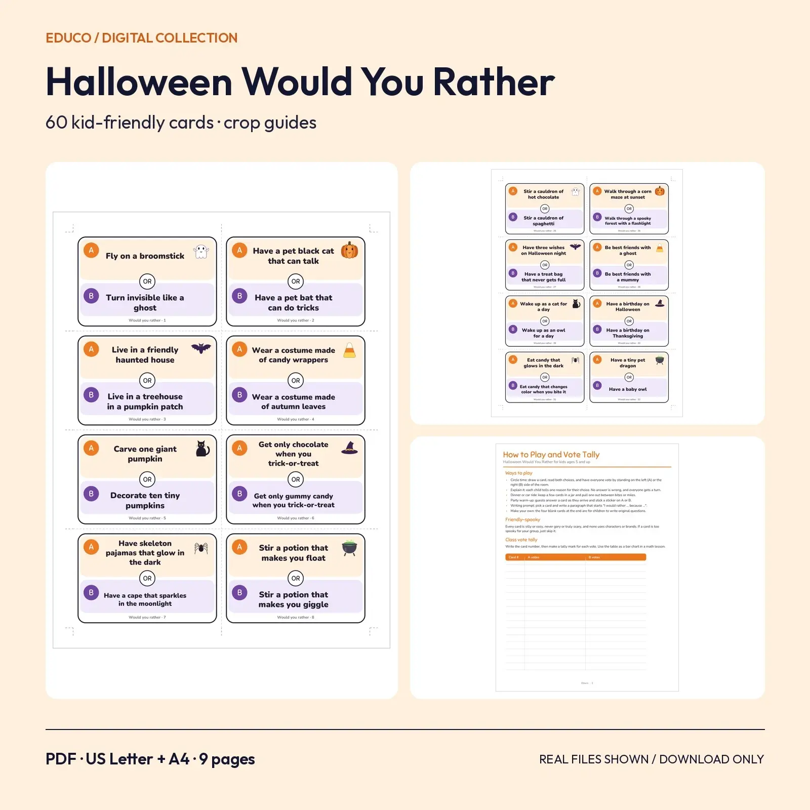Halloween Would You Rather Cards - 60 Kid-Friendly Questions to Print preview