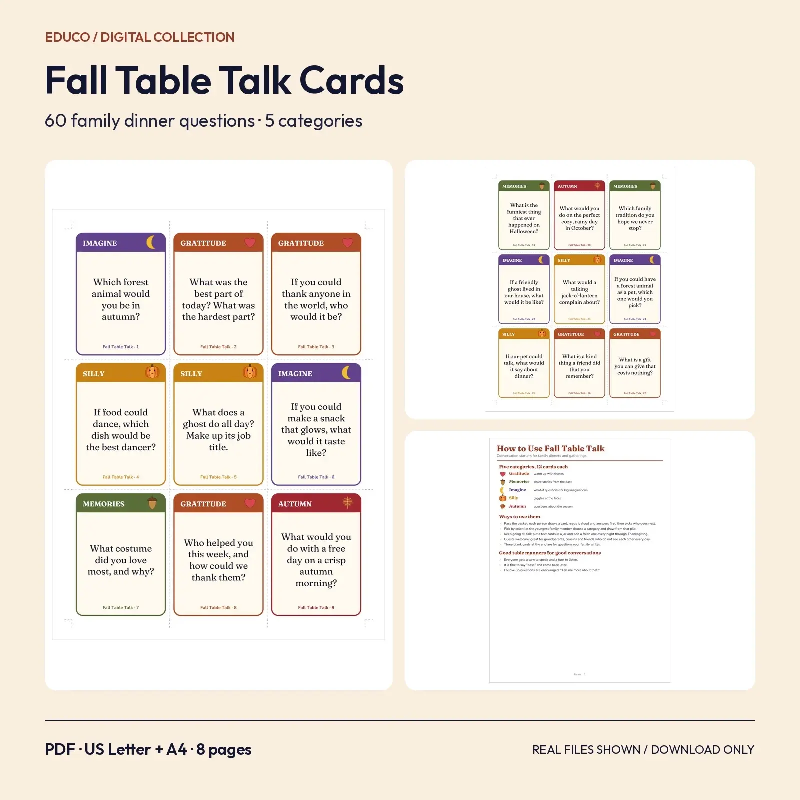 Fall Family Dinner Table Question Cards - 60 Printable Conversation Starters preview