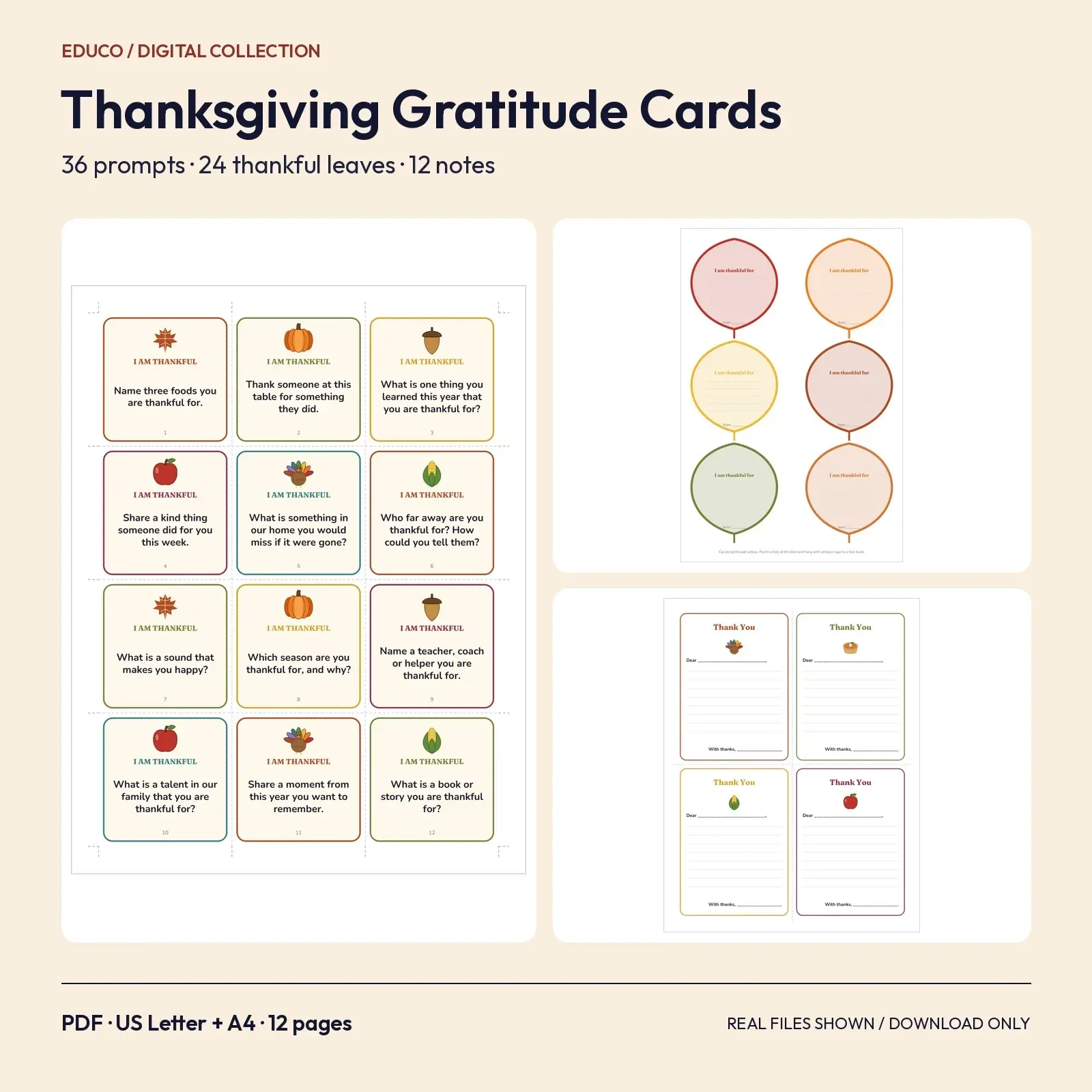 Thanksgiving Gratitude Cards - 36 Prompts, 24 Thankful Leaves & 12 Thank-You Notes preview