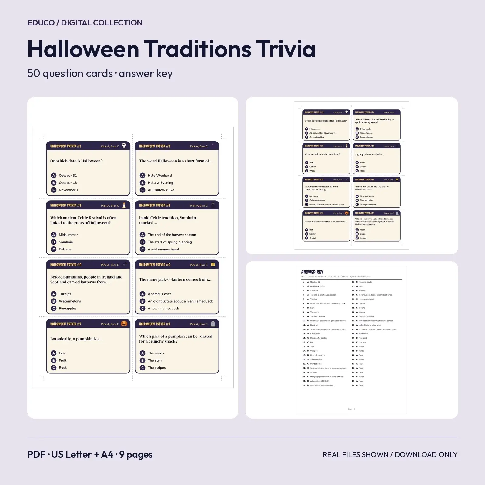 Halloween Traditions Trivia - 50 Printable Question Cards with Answer Key preview