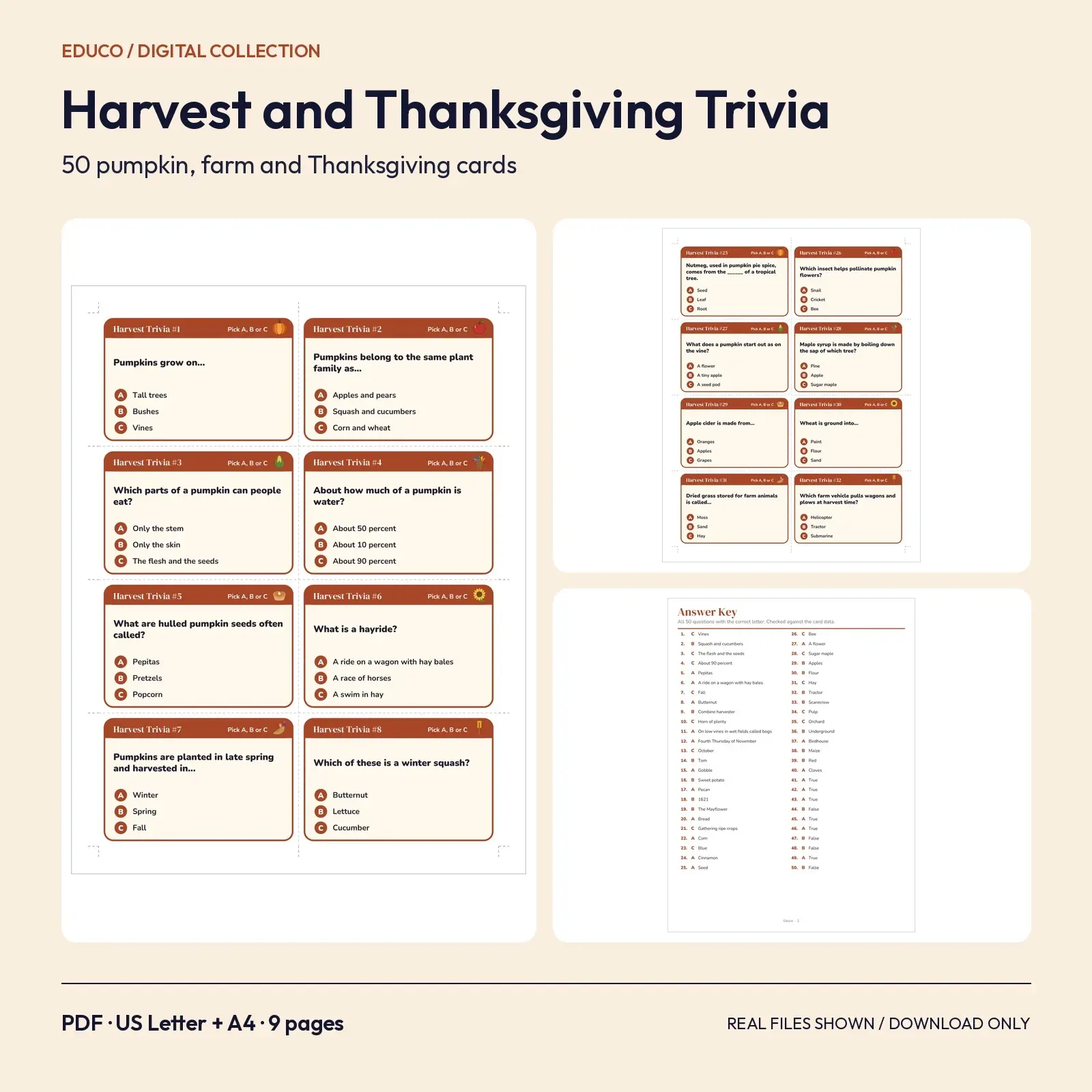 Pumpkin, Harvest & Thanksgiving Trivia - 50 Printable Cards with Answer Key preview