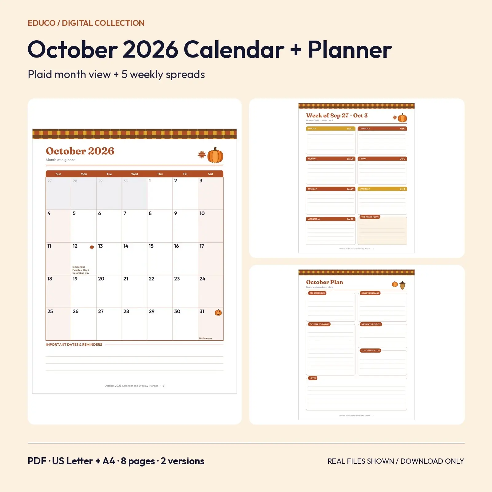 October 2026 Calendar and Weekly Planner Printable - Plaid Fall Month, 5 Weekly Spreads, 8 Pages preview