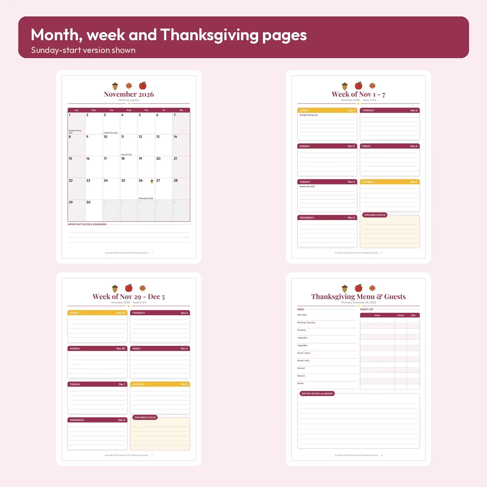 November 2026 Calendar and Thanksgiving Planner Printable - Month View, Weekly Spreads and 4 Holiday Pages, preview 2 of 3