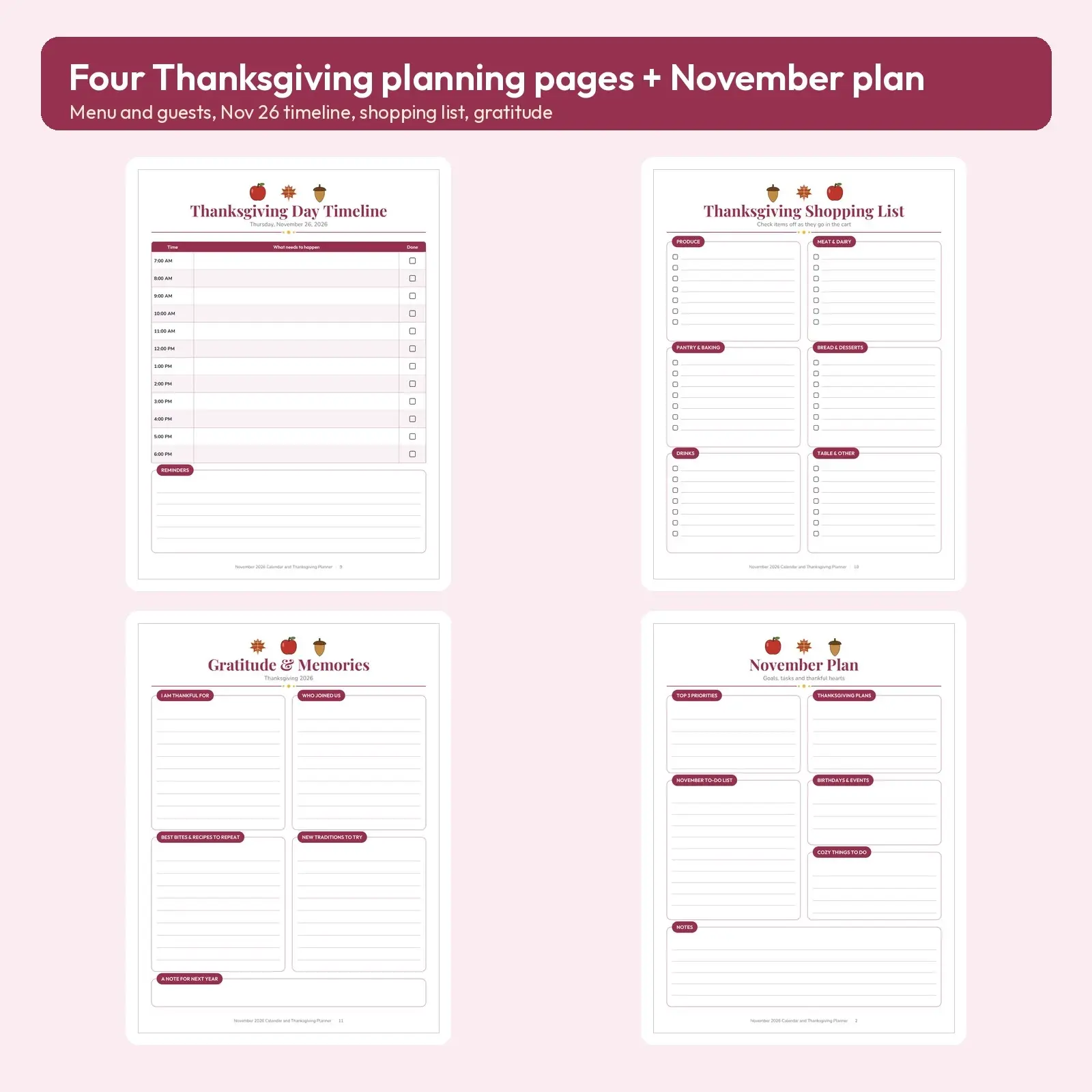 November 2026 Calendar and Thanksgiving Planner Printable - Month View, Weekly Spreads and 4 Holiday Pages, preview 3 of 3