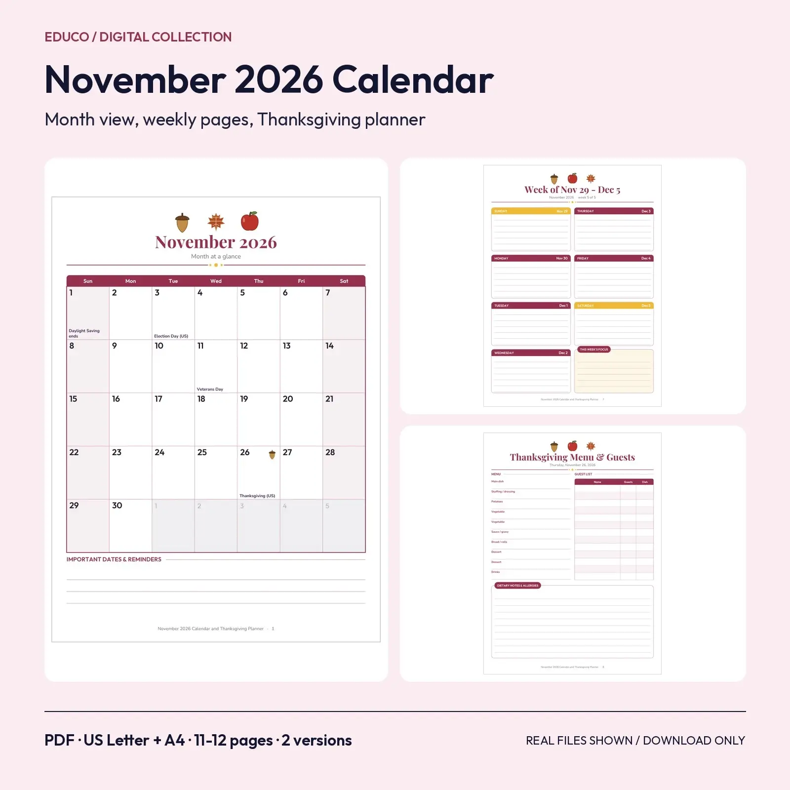 November 2026 Calendar and Thanksgiving Planner Printable - Month View, Weekly Spreads and 4 Holiday Pages, preview 1 of 3