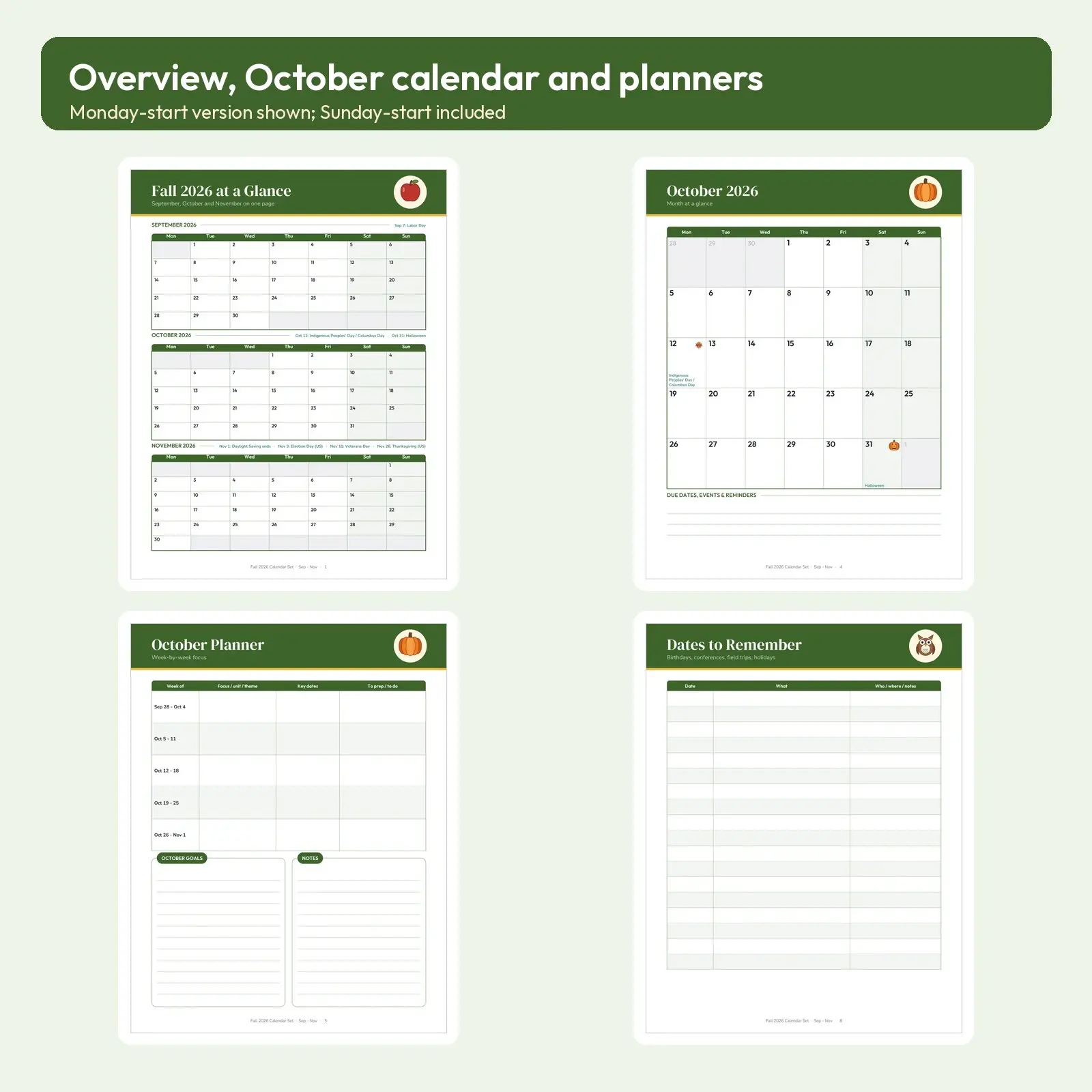 Fall 2026 Calendar Set for Teachers and Families - September, October, November Monthly Pages, 9 Printable Pages, preview 2 of 3