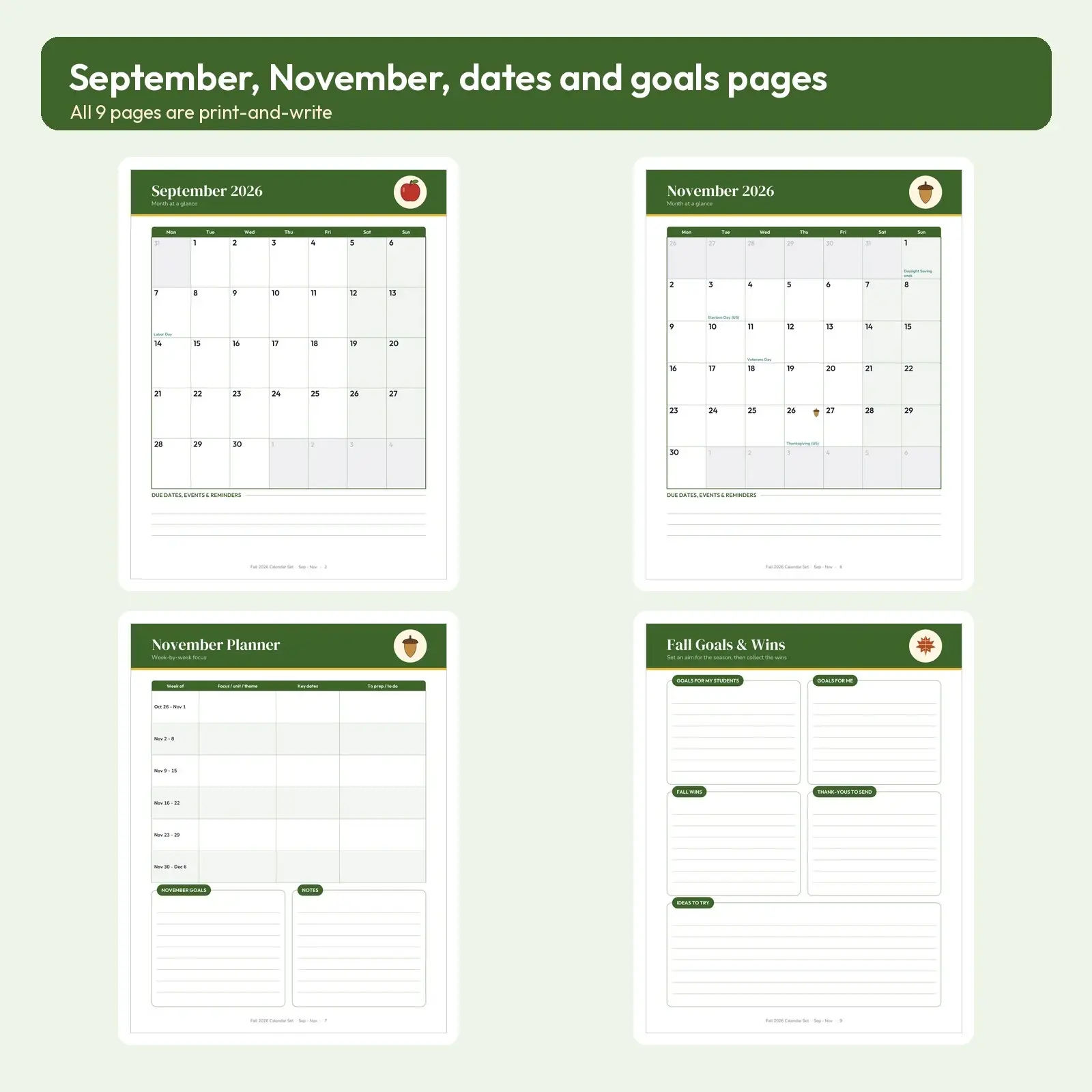 Fall 2026 Calendar Set for Teachers and Families - September, October, November Monthly Pages, 9 Printable Pages, preview 3 of 3