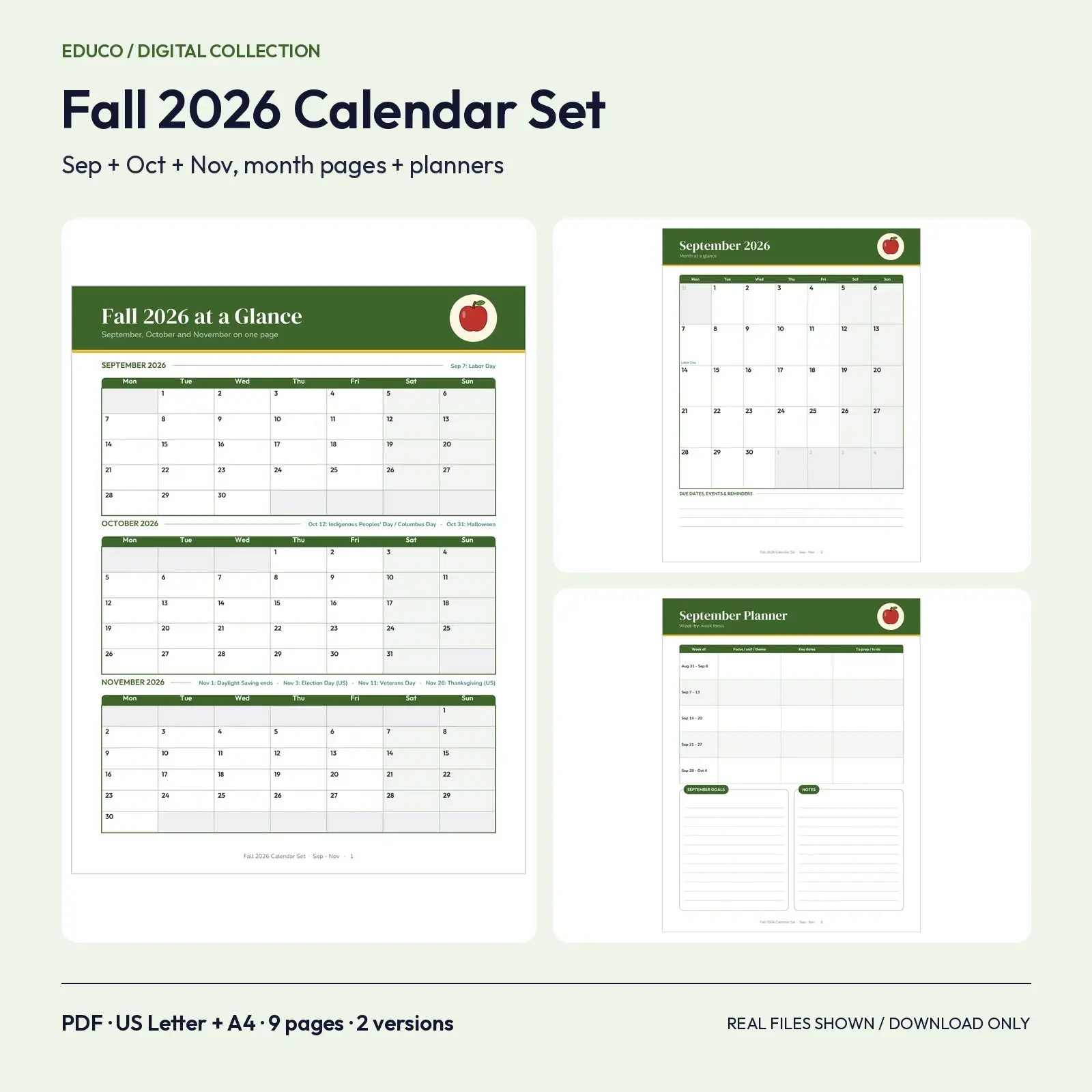 Fall 2026 Calendar Set for Teachers and Families - September, October, November Monthly Pages, 9 Printable Pages, preview 1 of 3
