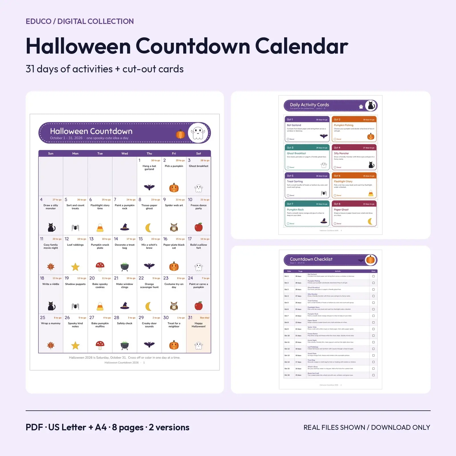 Halloween Countdown Calendar 2026 Printable - 31 Daily Activity Ideas and Cut-Out Cards for Kids, 8 Pages preview
