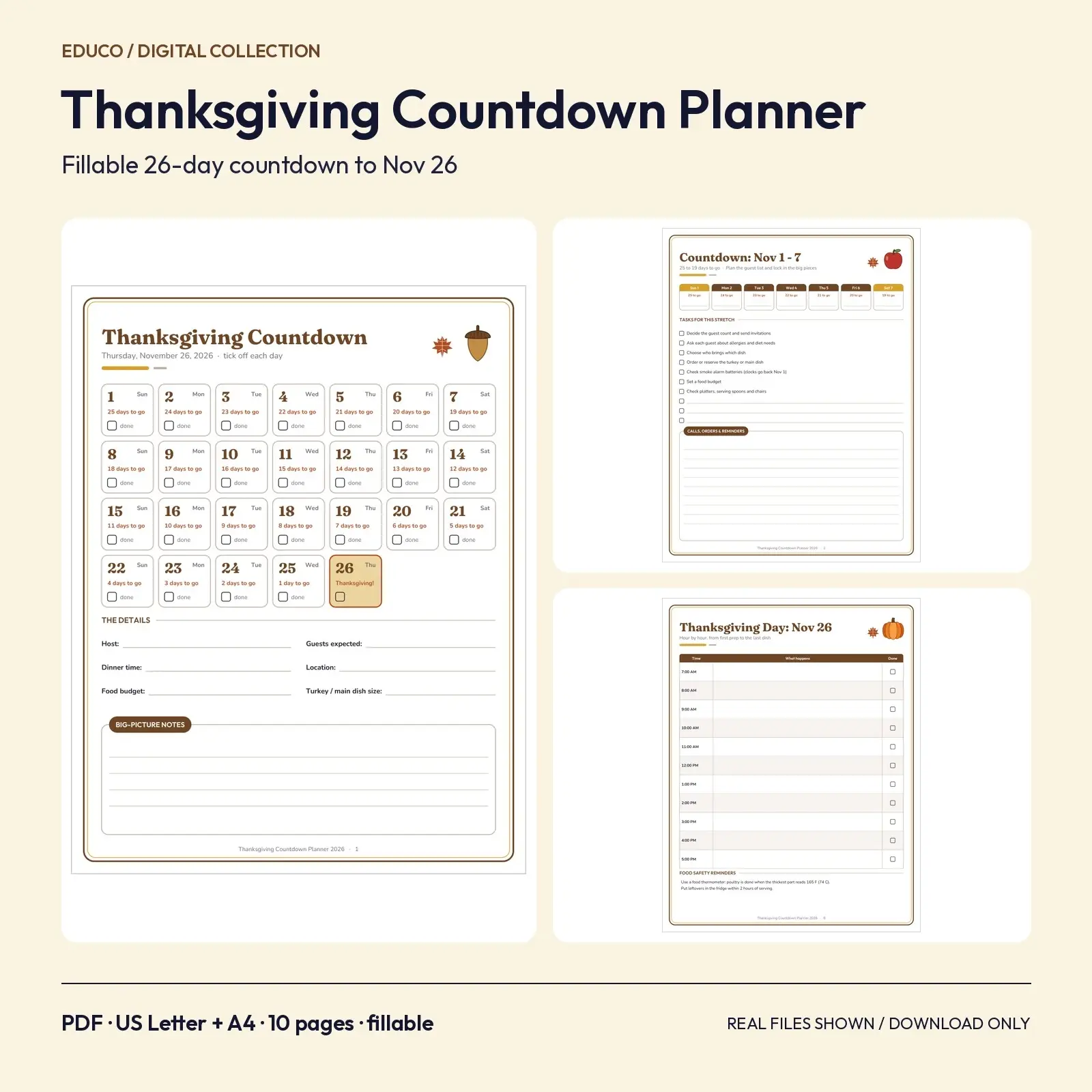 Thanksgiving Countdown Planner 2026 Fillable PDF - Week-by-Week Checklists Leading to November 26, 10 Pages preview